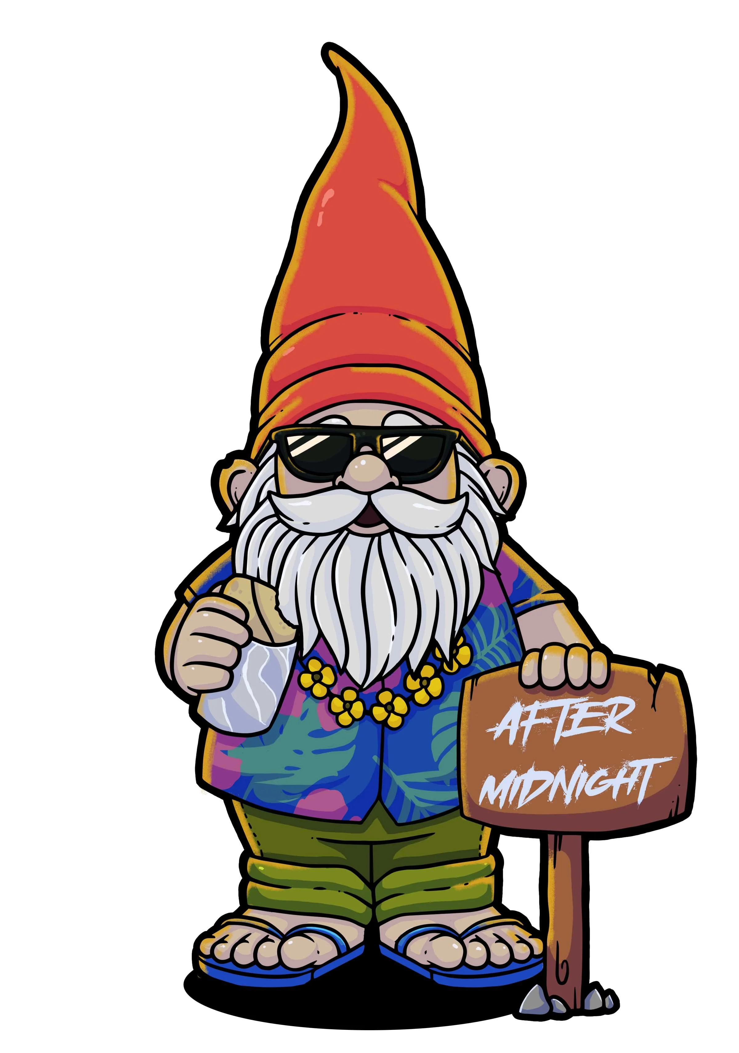 Cartoon gnome with a long red hat, sunglasses, white beard, wearing a colorful Hawaiian shirt, holding a sign that says 'After Midnight' and standing next to a brown signpost.