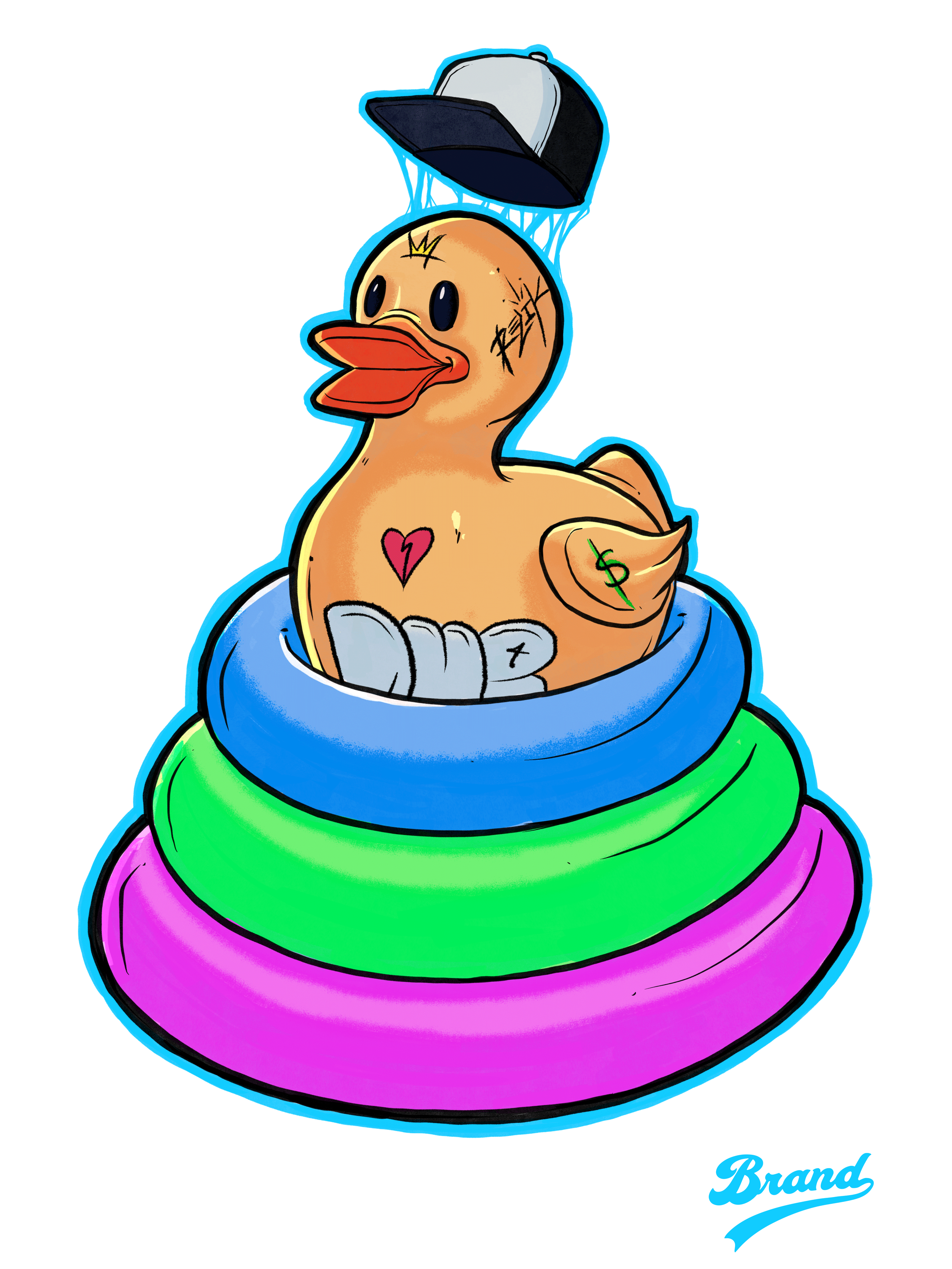 A cartoon duck with tattoos on its face and body, wearing a baseball cap and sitting in rainbow-colored concentric rings, with the word 'Brand' in blue text at the bottom right.