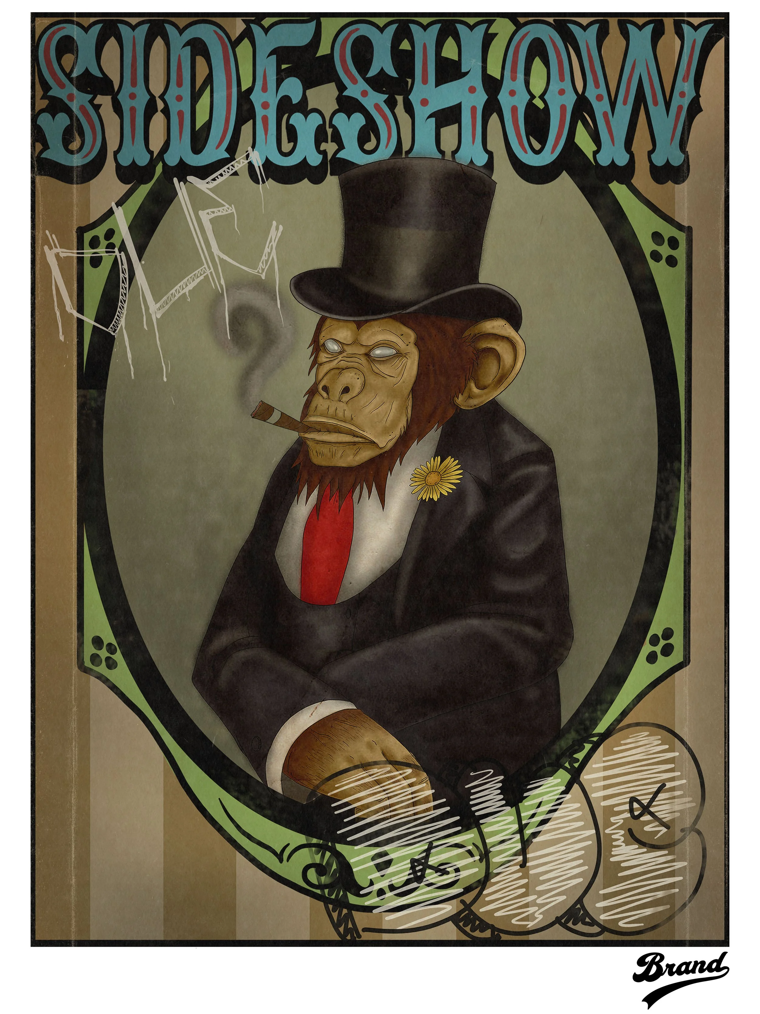A vintage-style illustration of a monkey dressed in a tuxedo with a red tie, a yellow flower in the buttonhole, smoking a cigar. The background features stylized text, ornate borders, and a signature at the bottom right reading "Brand".