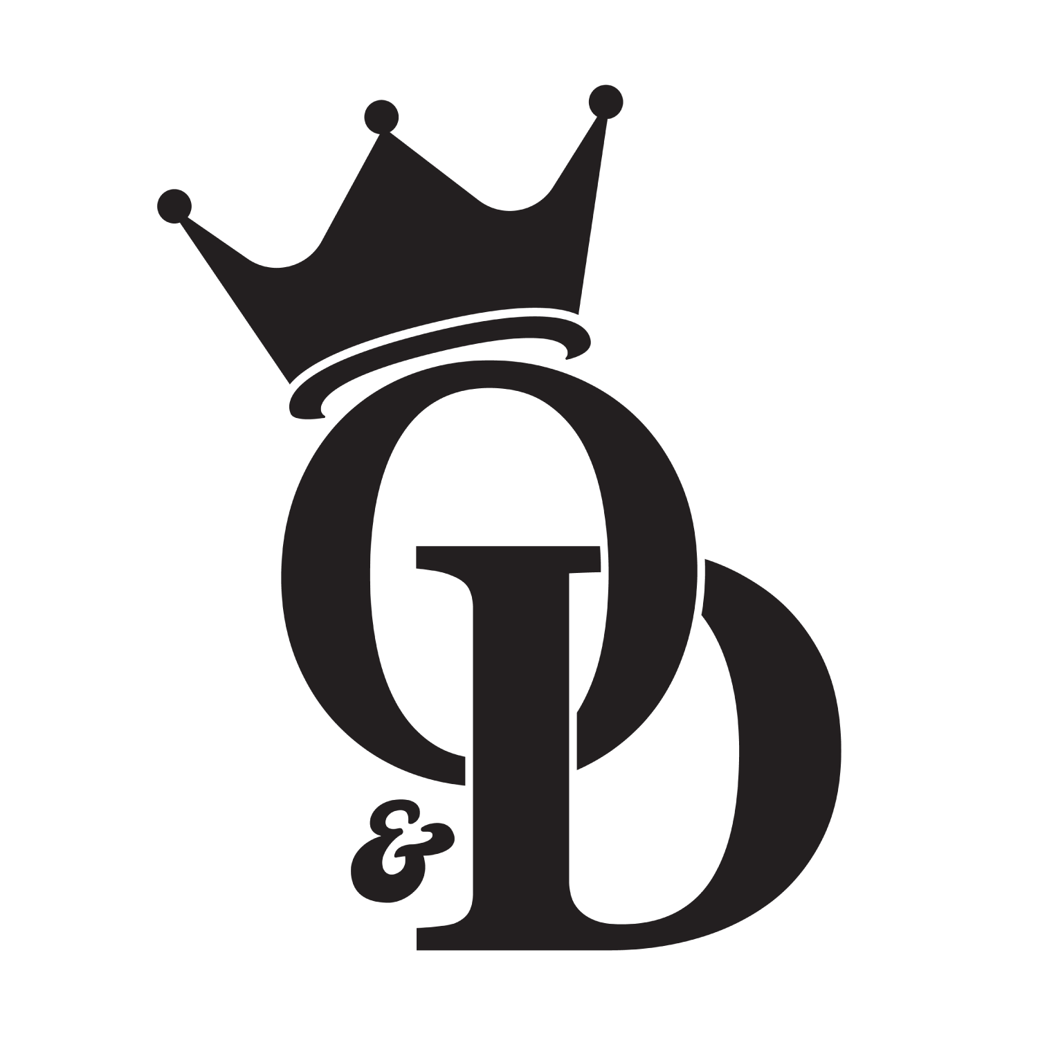 Black and white logo with a crown on top of a lowercase 'q' and a stylized 'o' intertwined with the letter 'q', with an '&' symbol below.