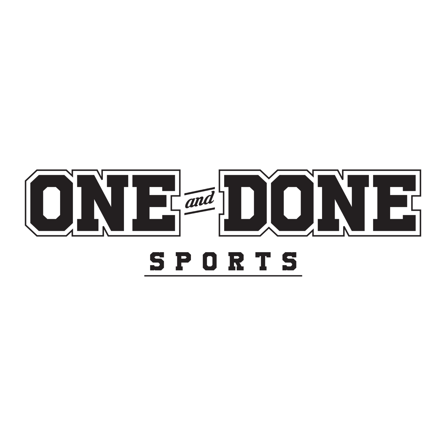 Logo for One and Done Sports with bold outlined text and sports-related design elements.