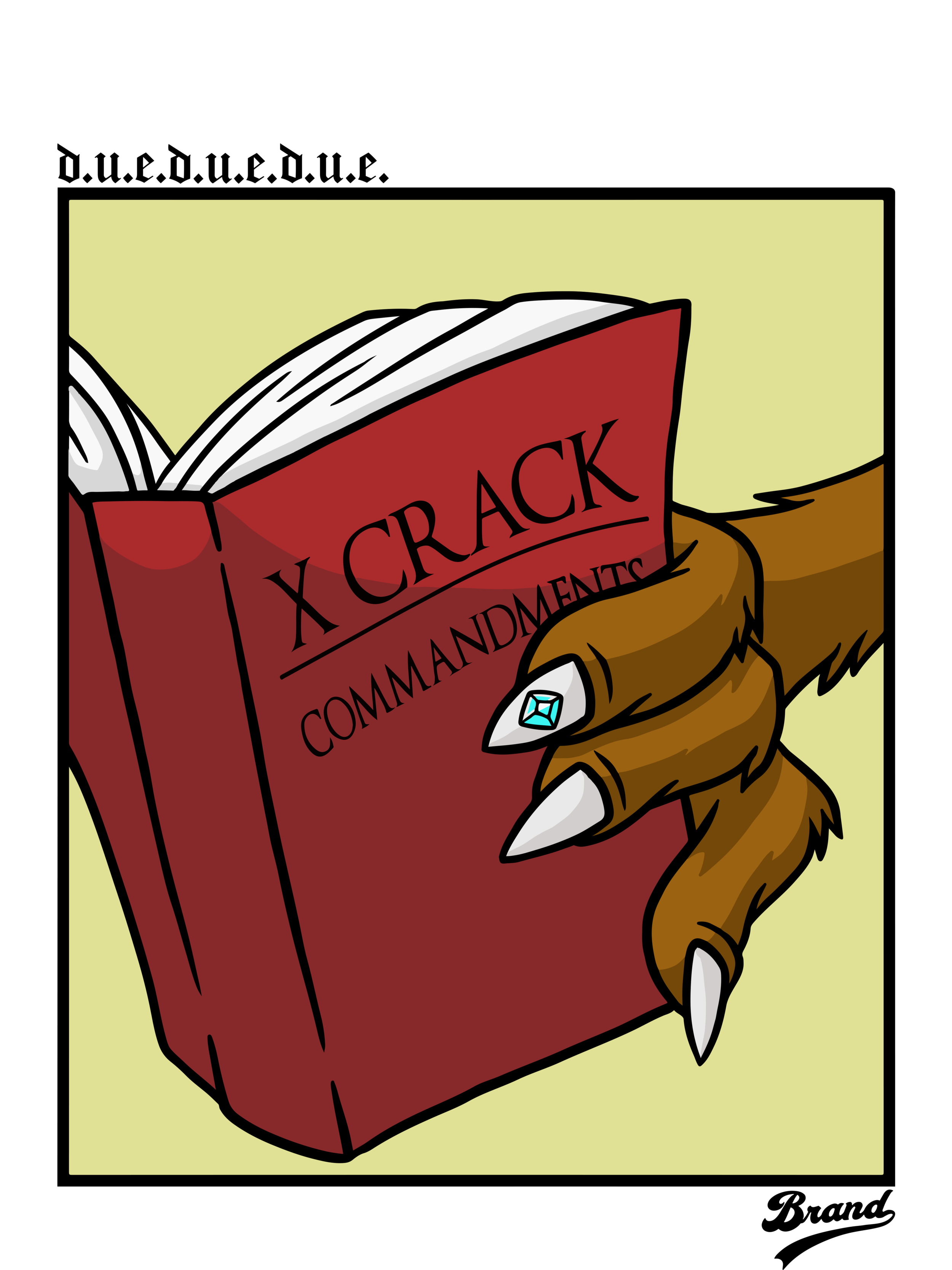 A cartoon illustration of a red book titled 'X Crack Commands' with a paw of a lion holding it, featuring a ring with a blue gemstone on one finger, set against a light green background.