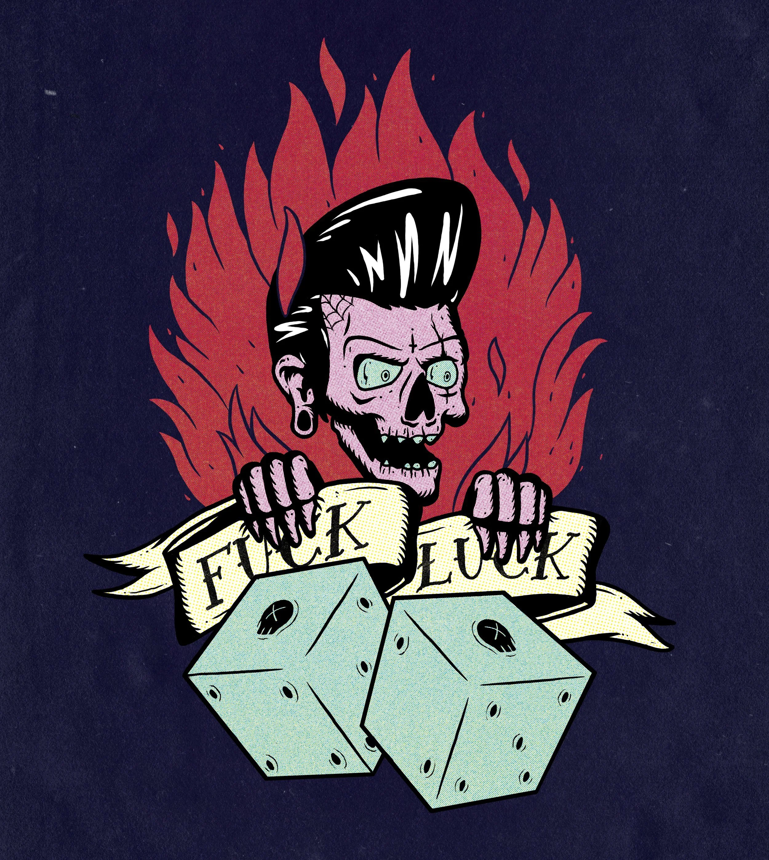 A cartoon illustration of a person with black hair and glasses, holding a yellow mug, with a pink skull face and surrounded by red flames, holding dice and a banner with the words 'FUCK' repeated twice.