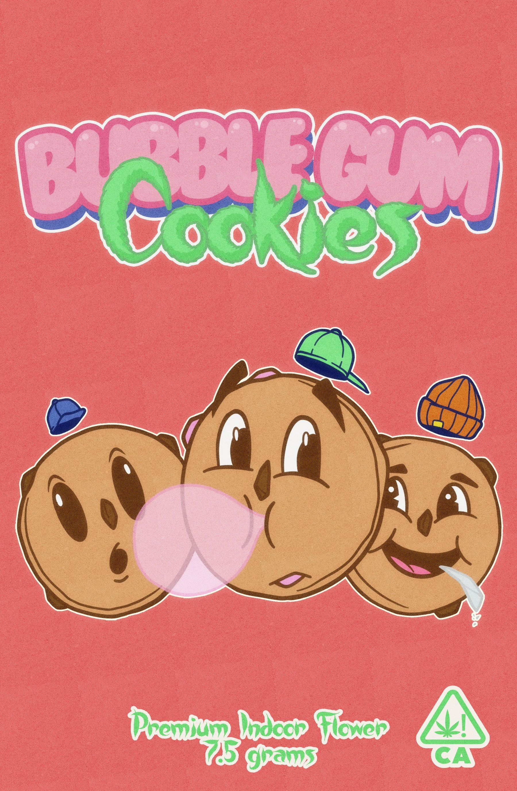 Packaging of a cannabis product with illustrations of smiling cookies and text reading 'Bubblegum Cookies,' 'Premium Indoor Flower,' and '7.5 grams' on a red background, with California cannabis symbol.