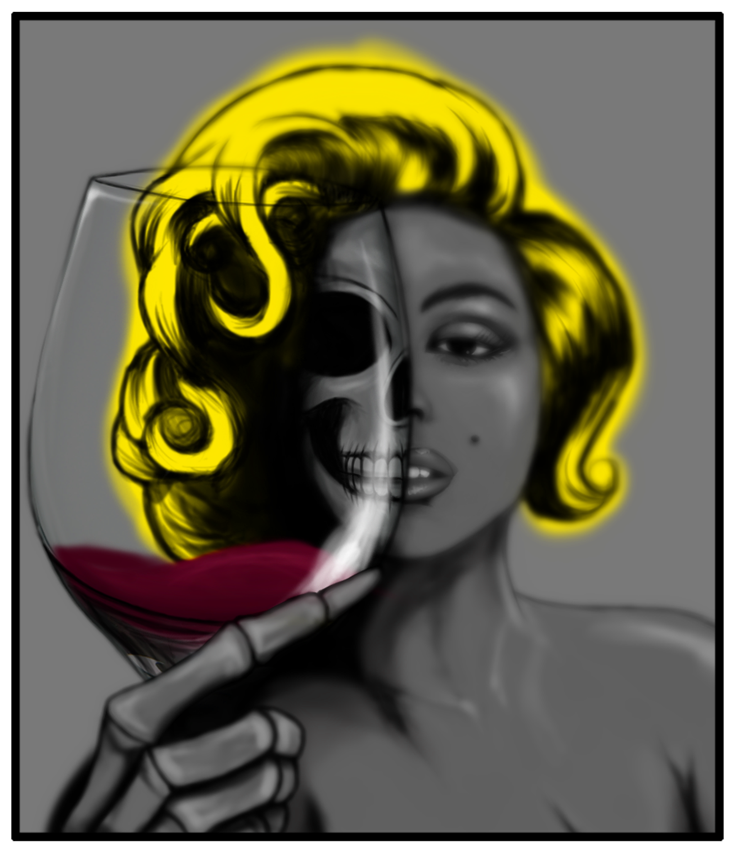 Black and white portrait of a woman with vintage hairstyle, holding a liquor glass with colorful yellow, black, and red design on the face, and making a peace sign with her fingers.