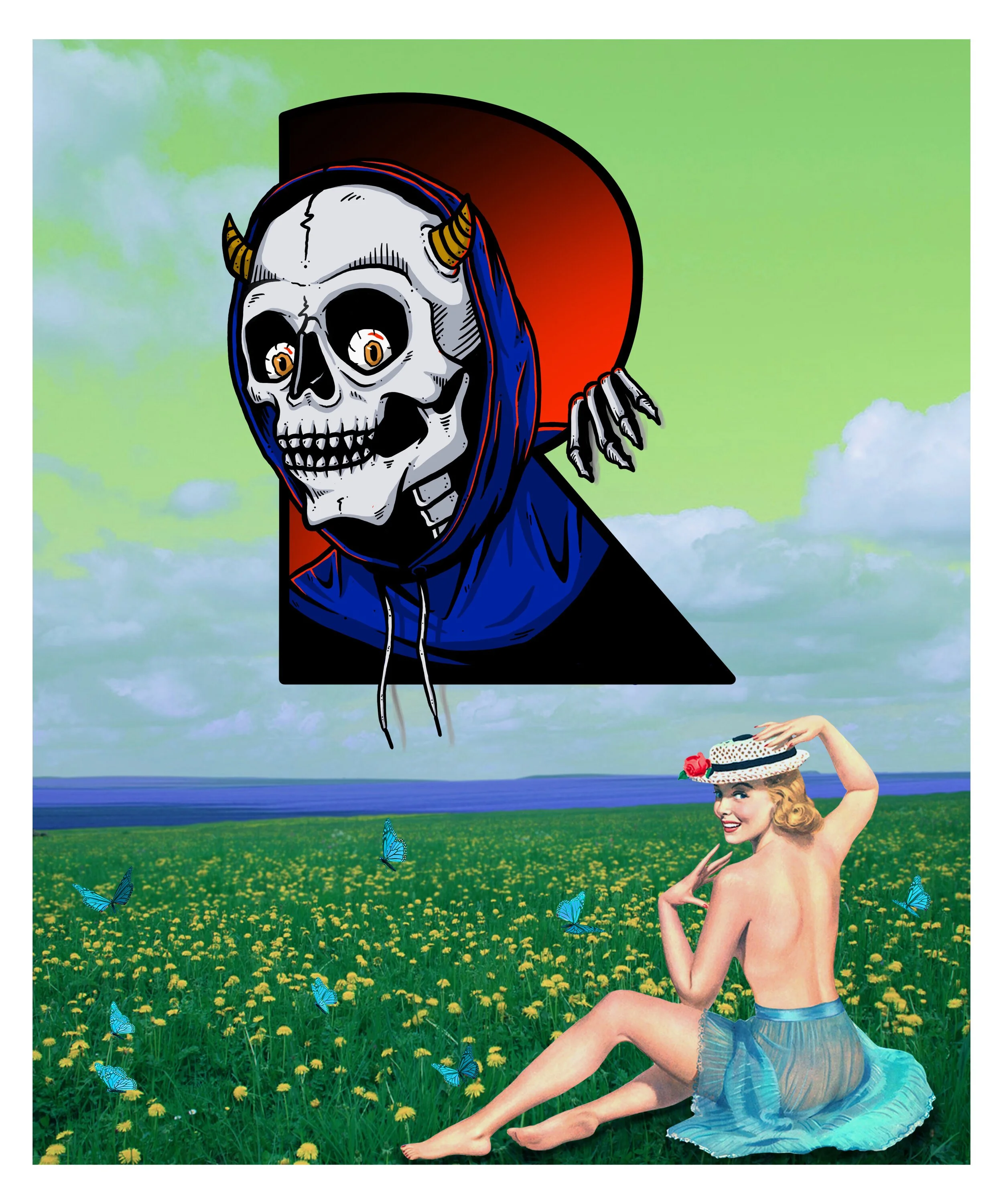 A surreal collage depicting a vintage pin-up woman sitting in a green field of dandelions, surrounded by blue butterflies. Above her, there's a large skeleton with a skull face, horns, and a hood, holding a red and black circular shield.