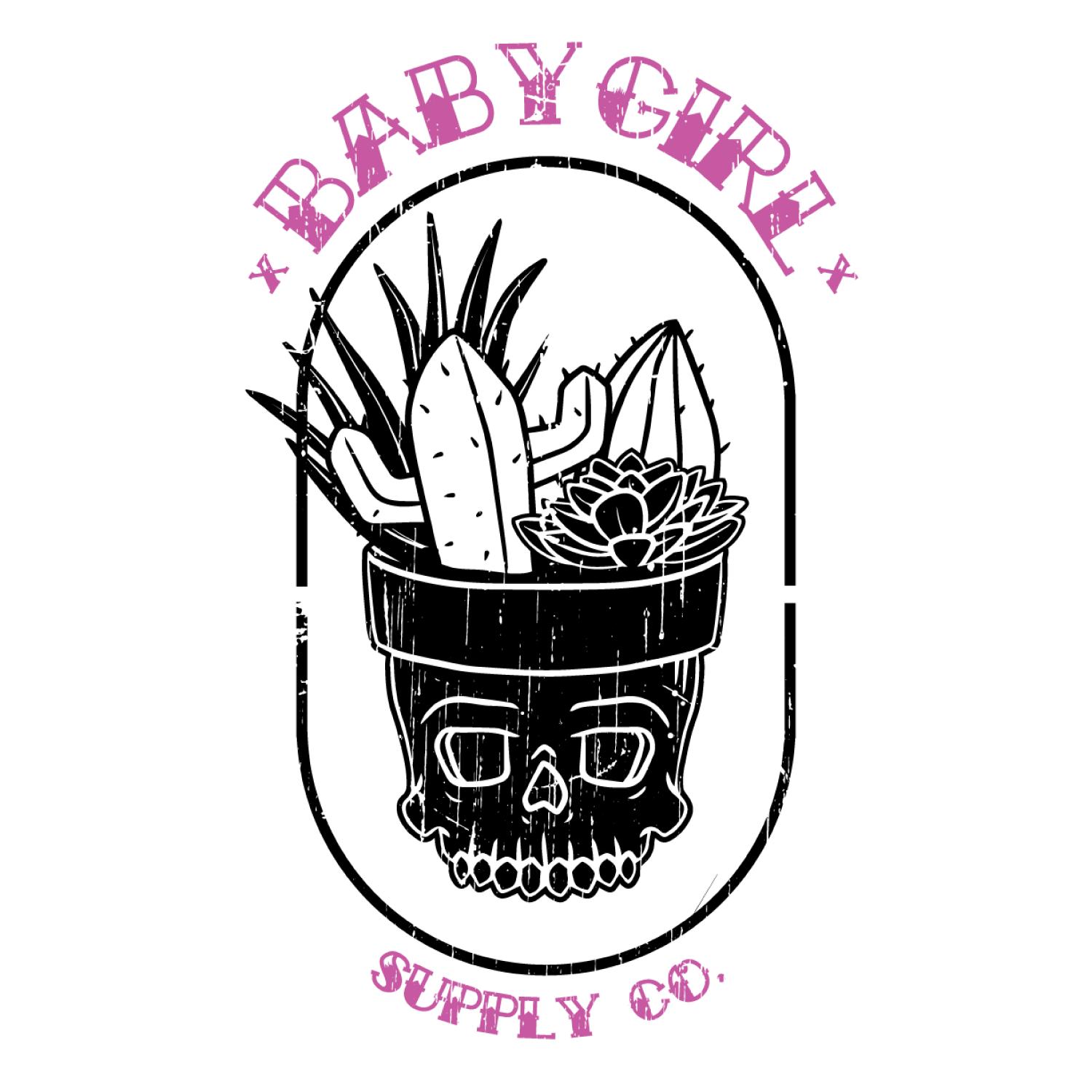 Logo featuring the word "baby girl" in pink uppercase letters arranged in a semi-circle at the top, with the phrase "supply co." in pink lowercase letters in a smaller font at the bottom, connected by black curved lines.