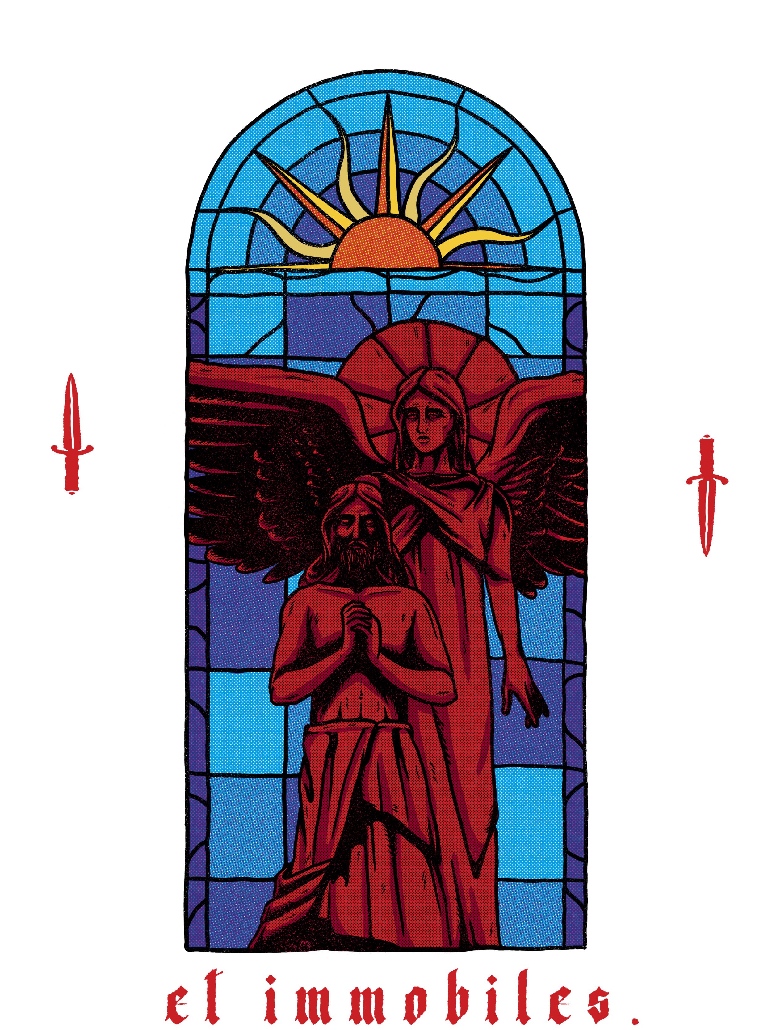 A stained glass window depicting a religious scene with a woman with wings and a shirtless man praying, standing before a background of a sunset over water.