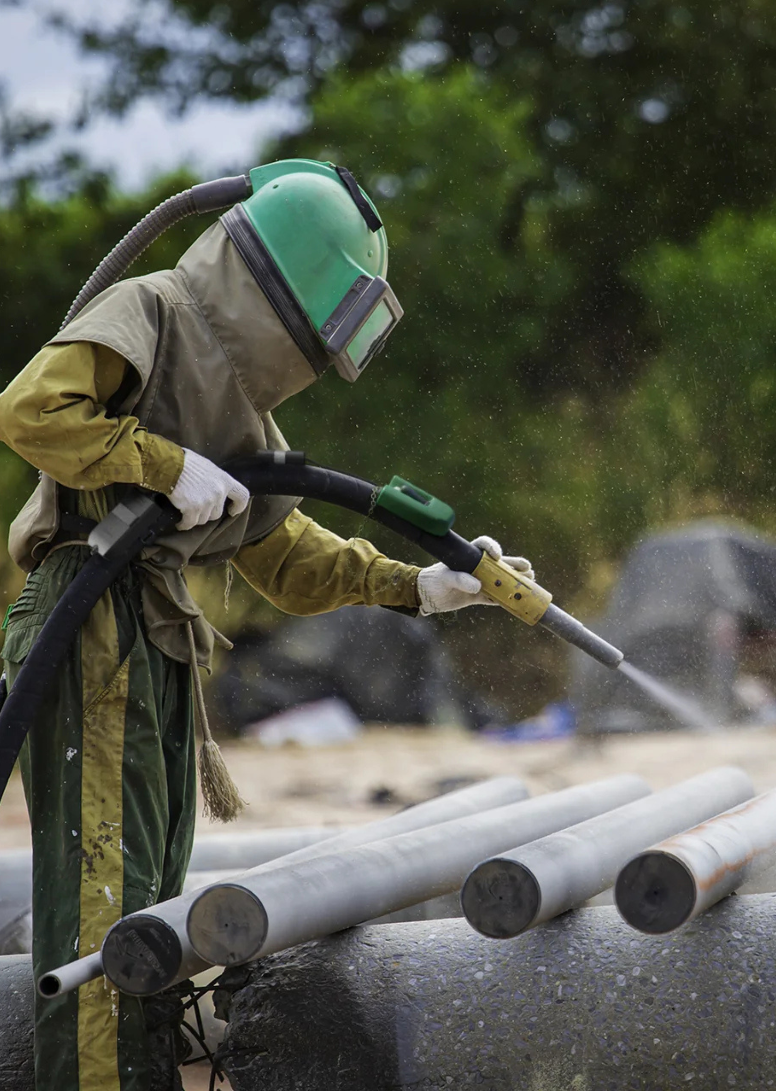 Persona usando equipo de protección mientras trabaja con tuberías en un área exterior.