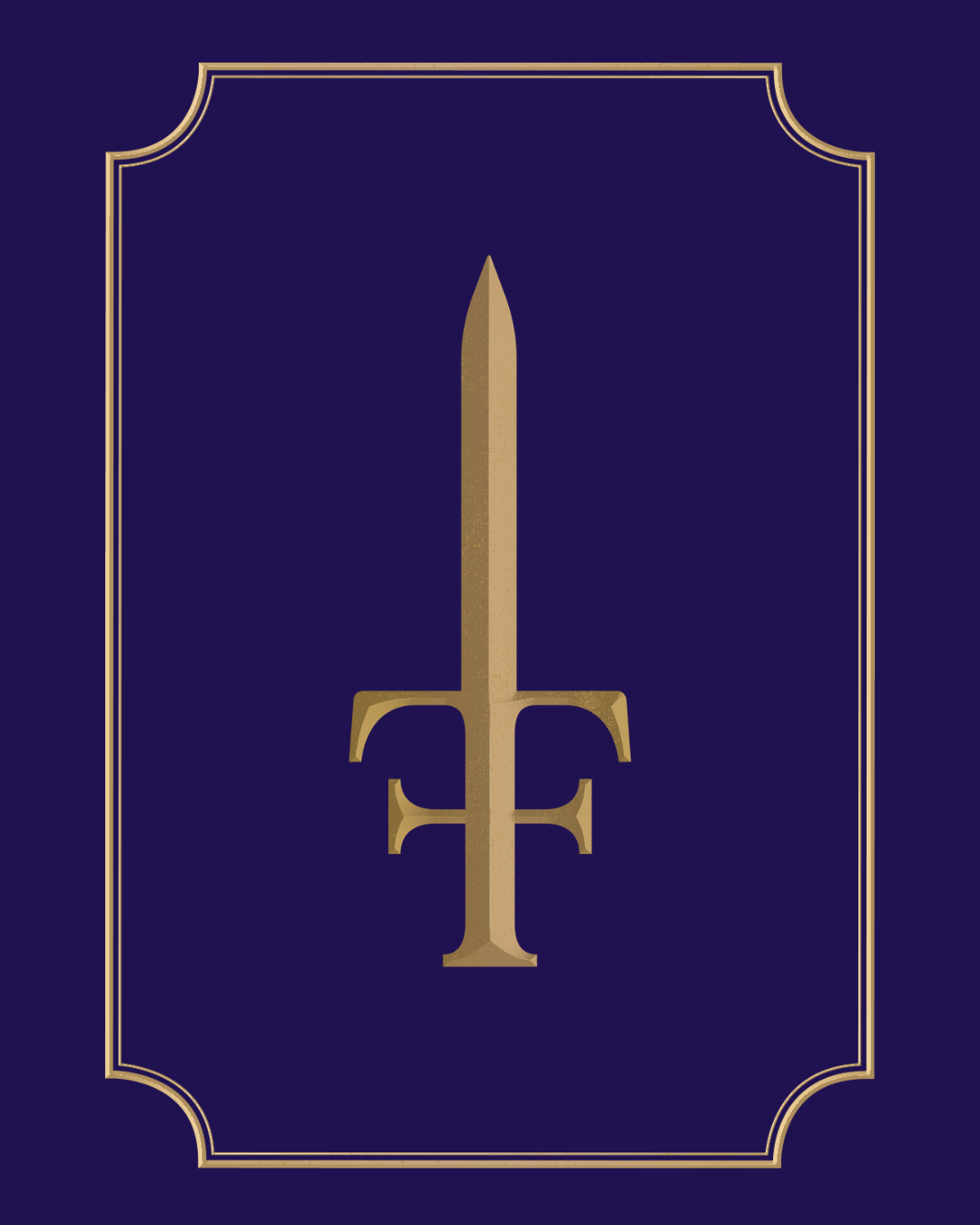 A dark blue book cover with a vertical gold sword emblem in the center, framed with a gold border.