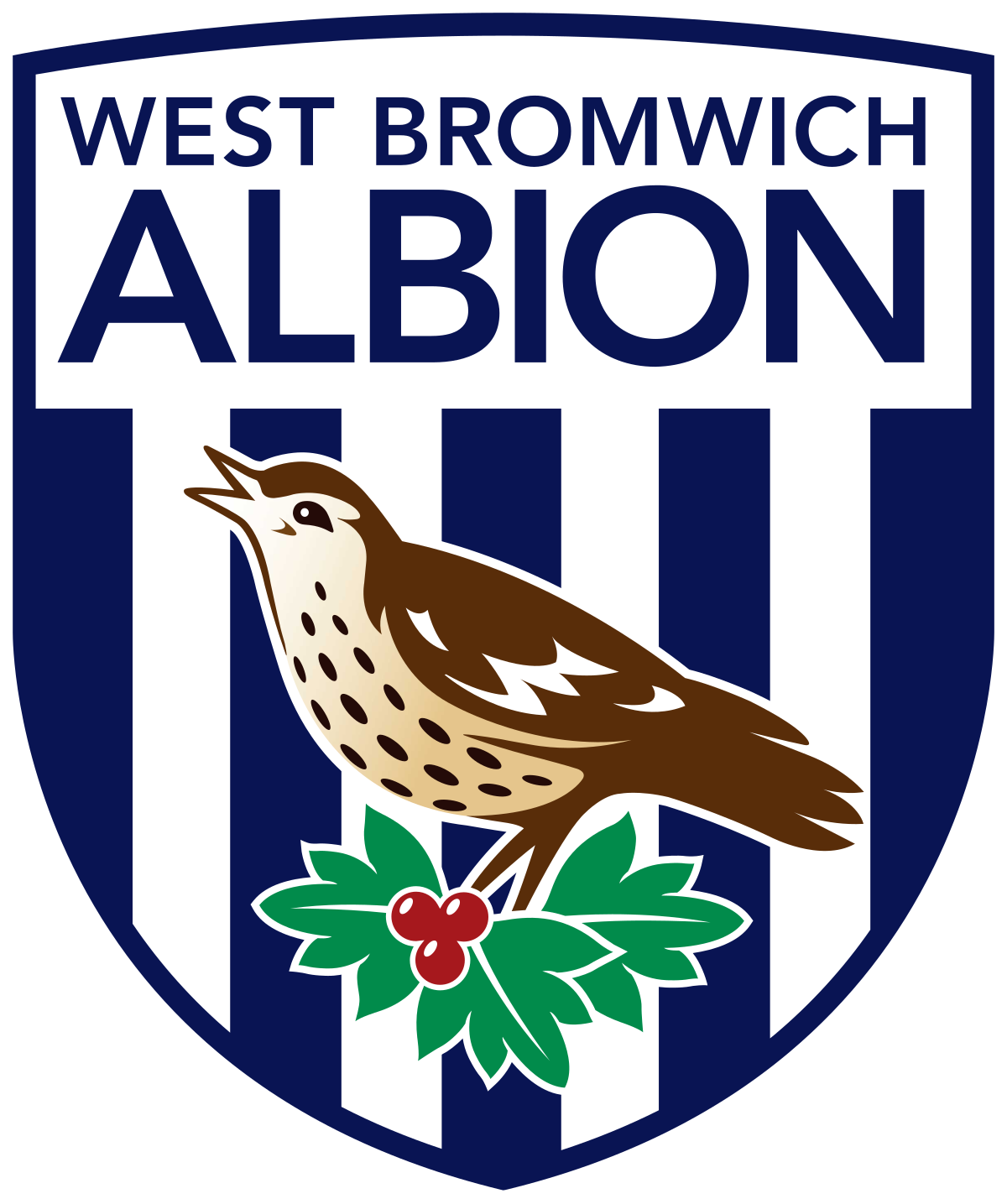 Club crest with a bird perched on holly, and text reading 'West Bromwich Albion'