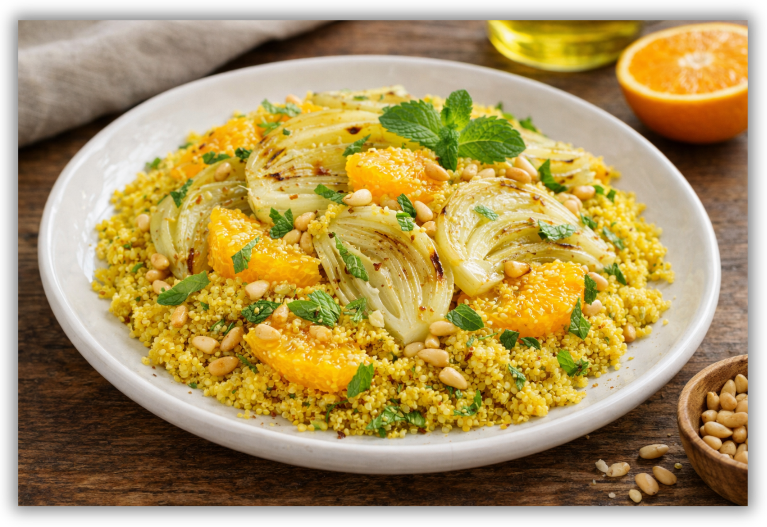 Quinoa allo zafferano con finocchio dorato, spicchi d’arancia, menta fresca e pinoli tostati.