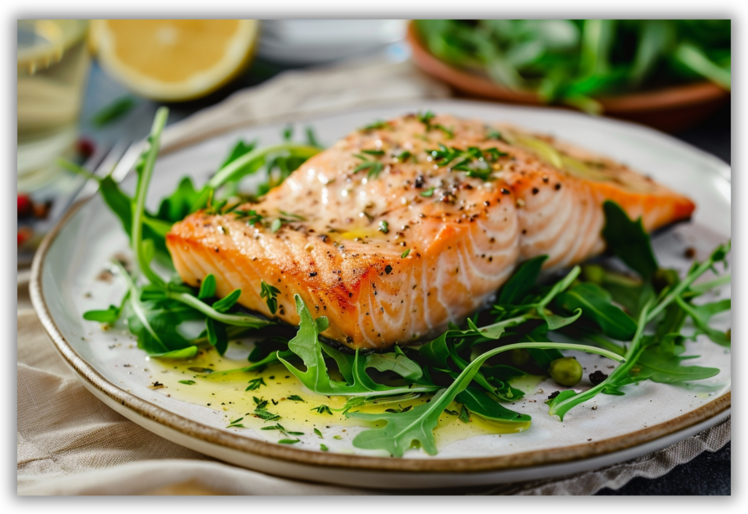 Trancio di salmone con limone, verdure a foglia, olio extravergine d’oliva e semi di lino.