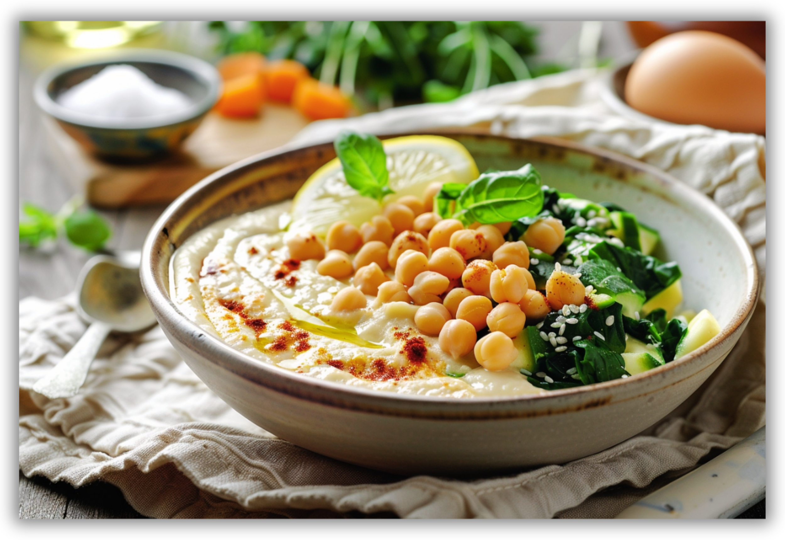 Bowl di lenticchie o ceci con verdure, salsa tahini, limone e olio extravergine d’oliva.
