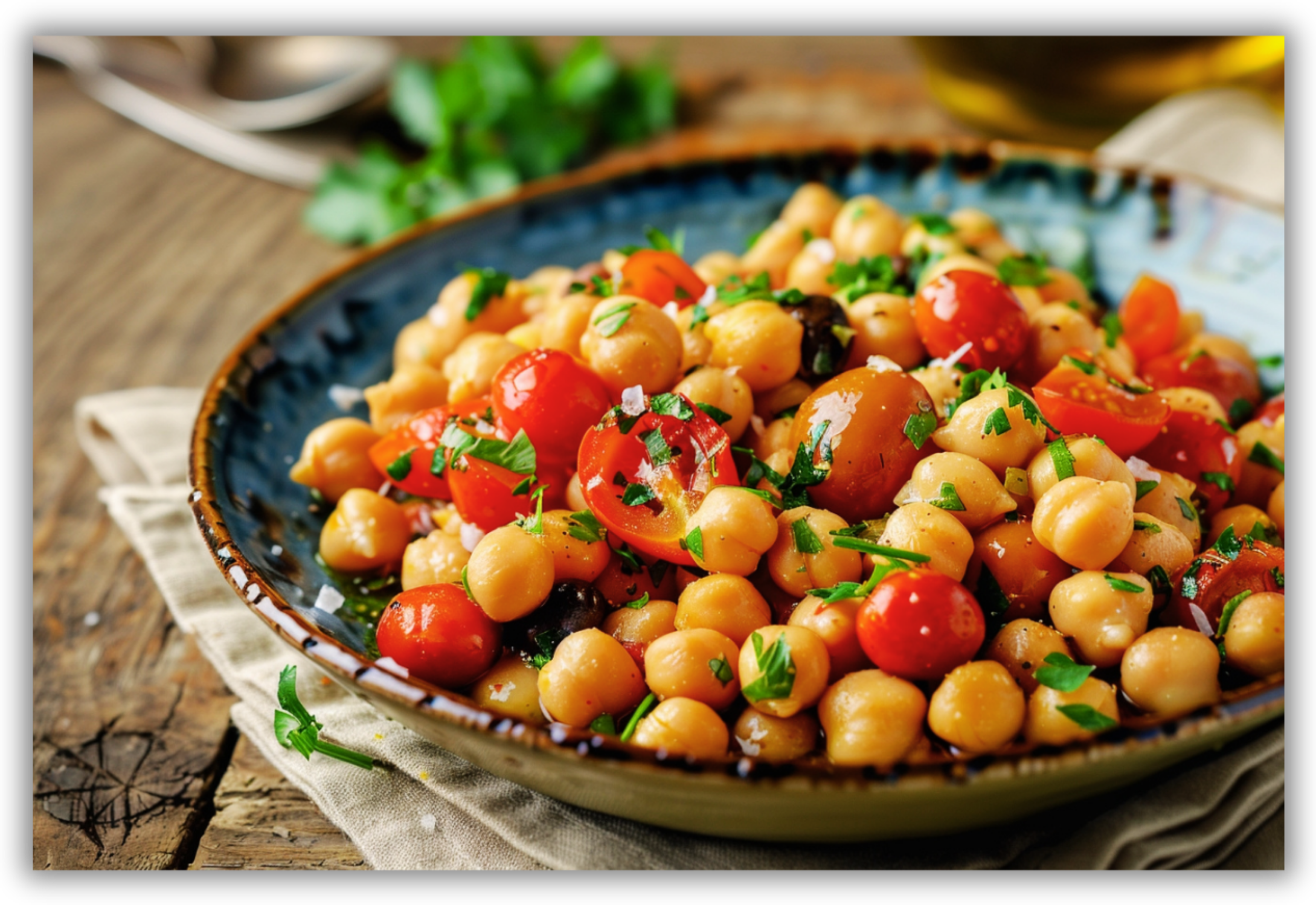 Ceci caldi con pomodori, olive, erbe fresche e olio extravergine d’oliva.
