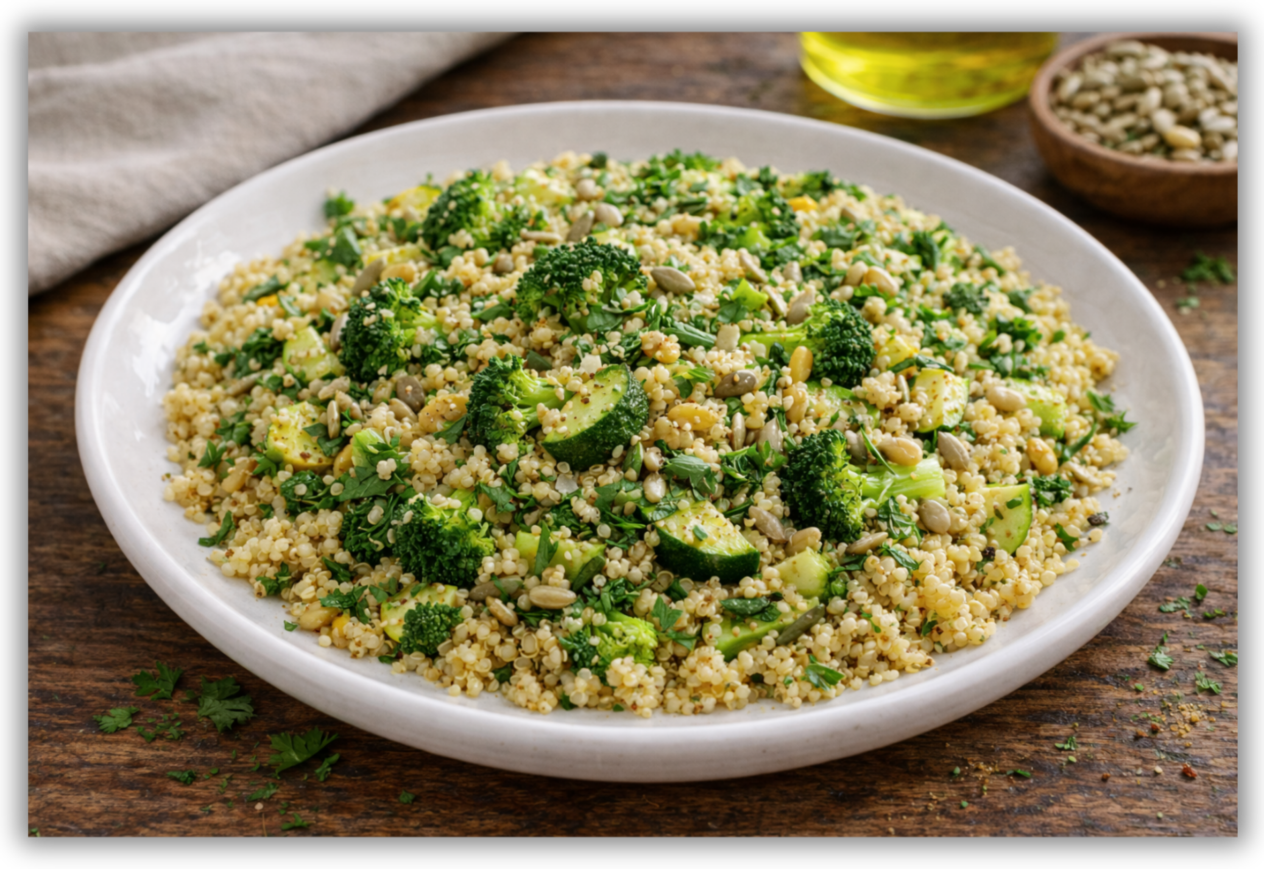 Quinoa calda con verdure miste, erbe fresche, semi e olio extravergine d’oliva.