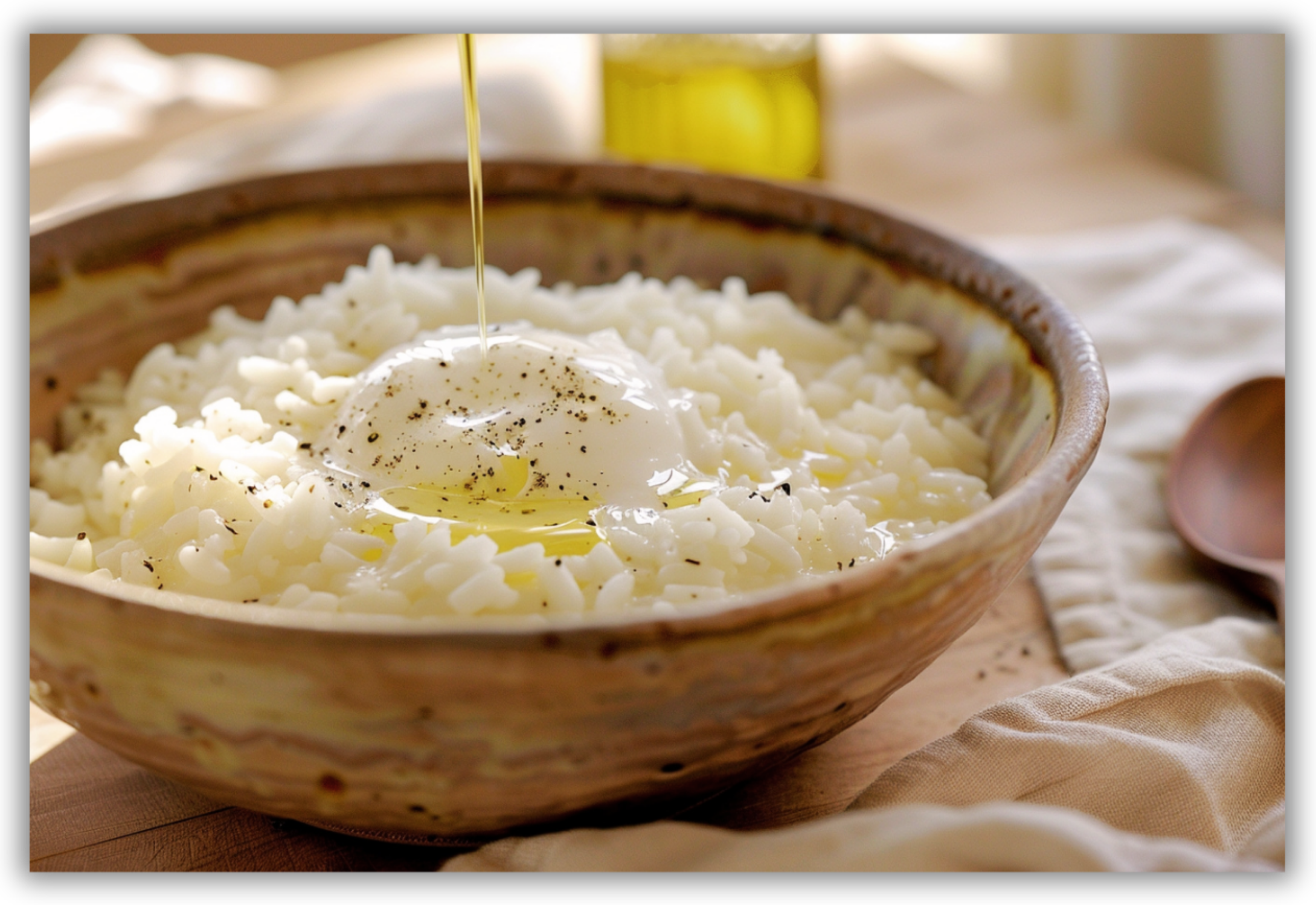 Ciotola di riso caldo e cremoso con yogurt, olio extravergine d’oliva ed erbe aromatiche.