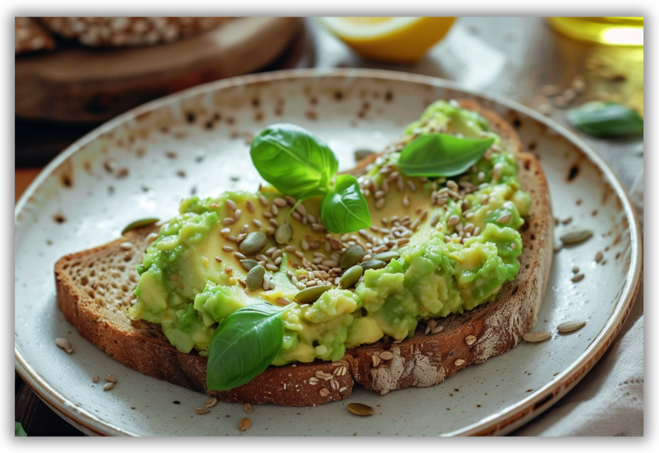 Pane tostato con avocado, semi misti, succo di limone e olio extravergine d’oliva.