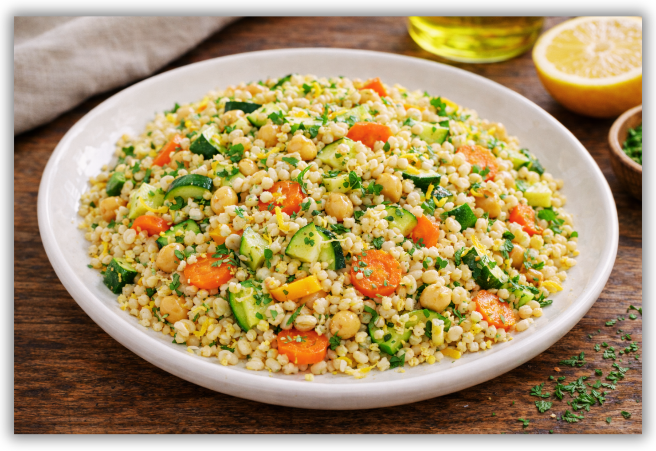 Orzo caldo con verdure, erbe fresche, limone e olio extravergine d’oliva.