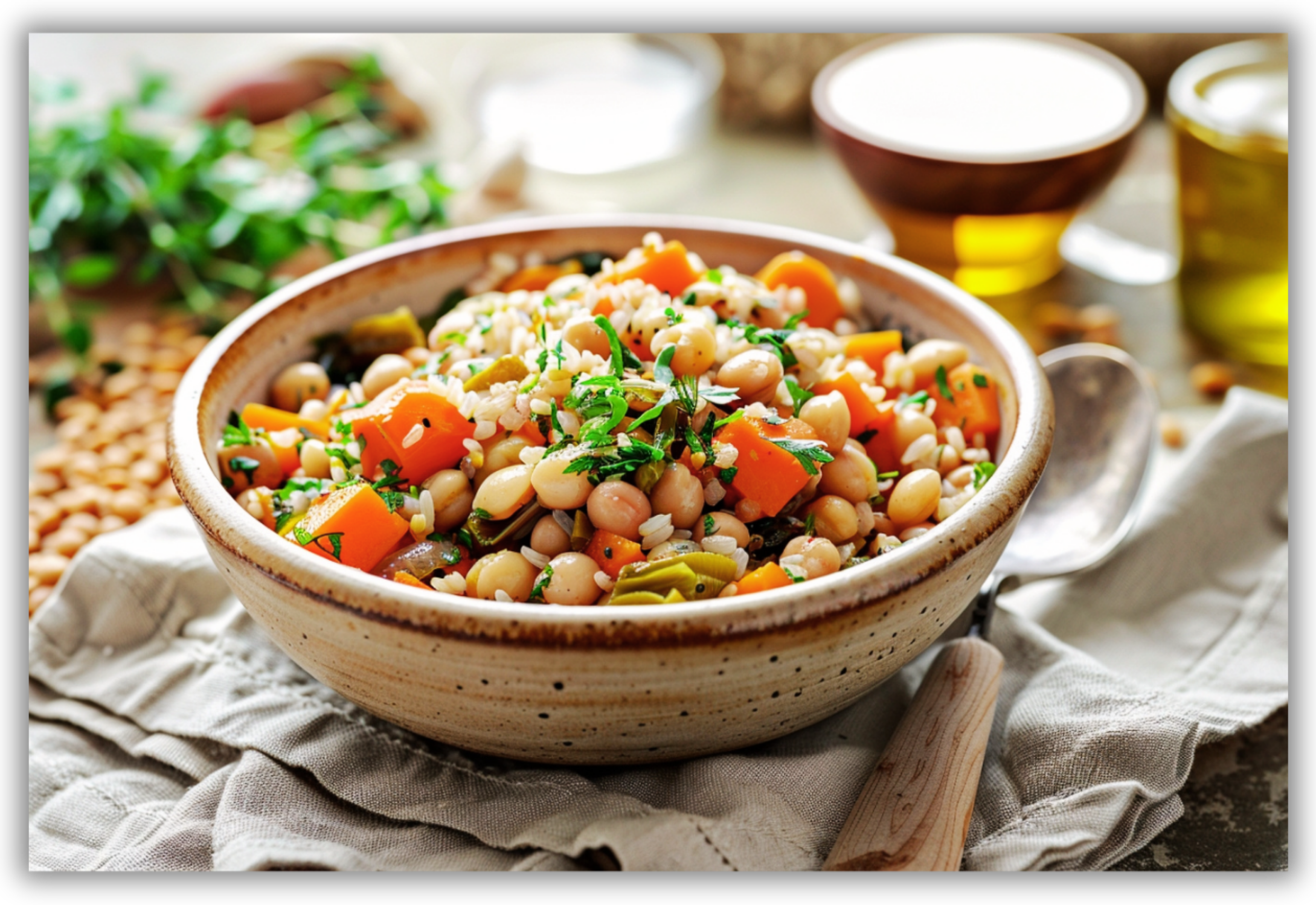 Bowl caldo con cereali integrali, legumi, verdure di stagione ed olio extravergine d’oliva.