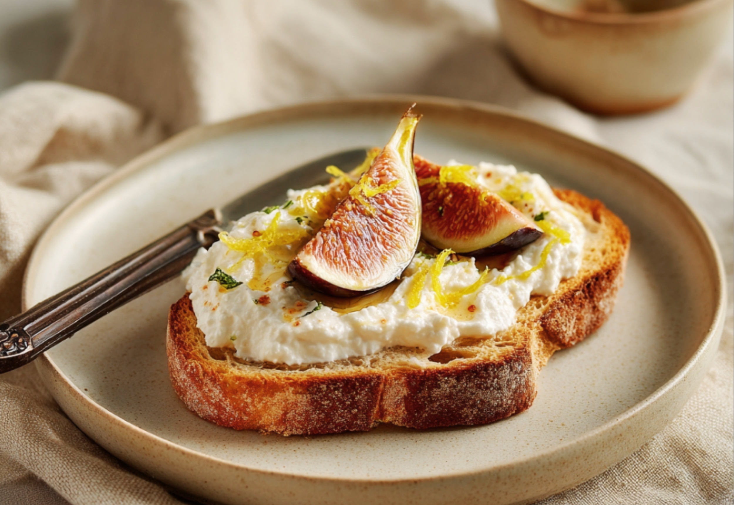 Pane tostato con ricotta fresca, frutta di stagione e un filo di olio extravergine d’oliva.