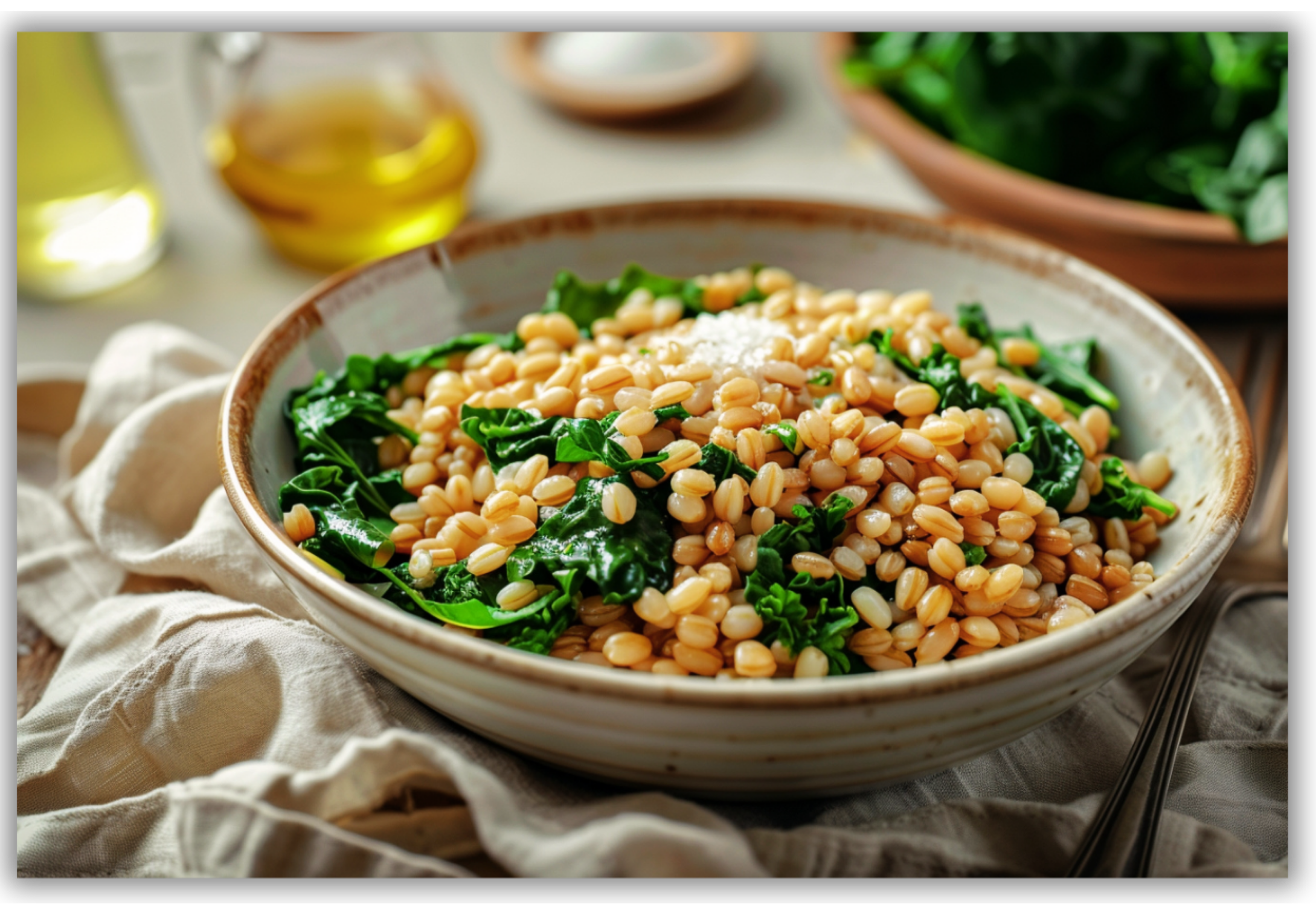 Farro caldo con spinaci e olio extravergine d’oliva servito in una ciotola rustica.