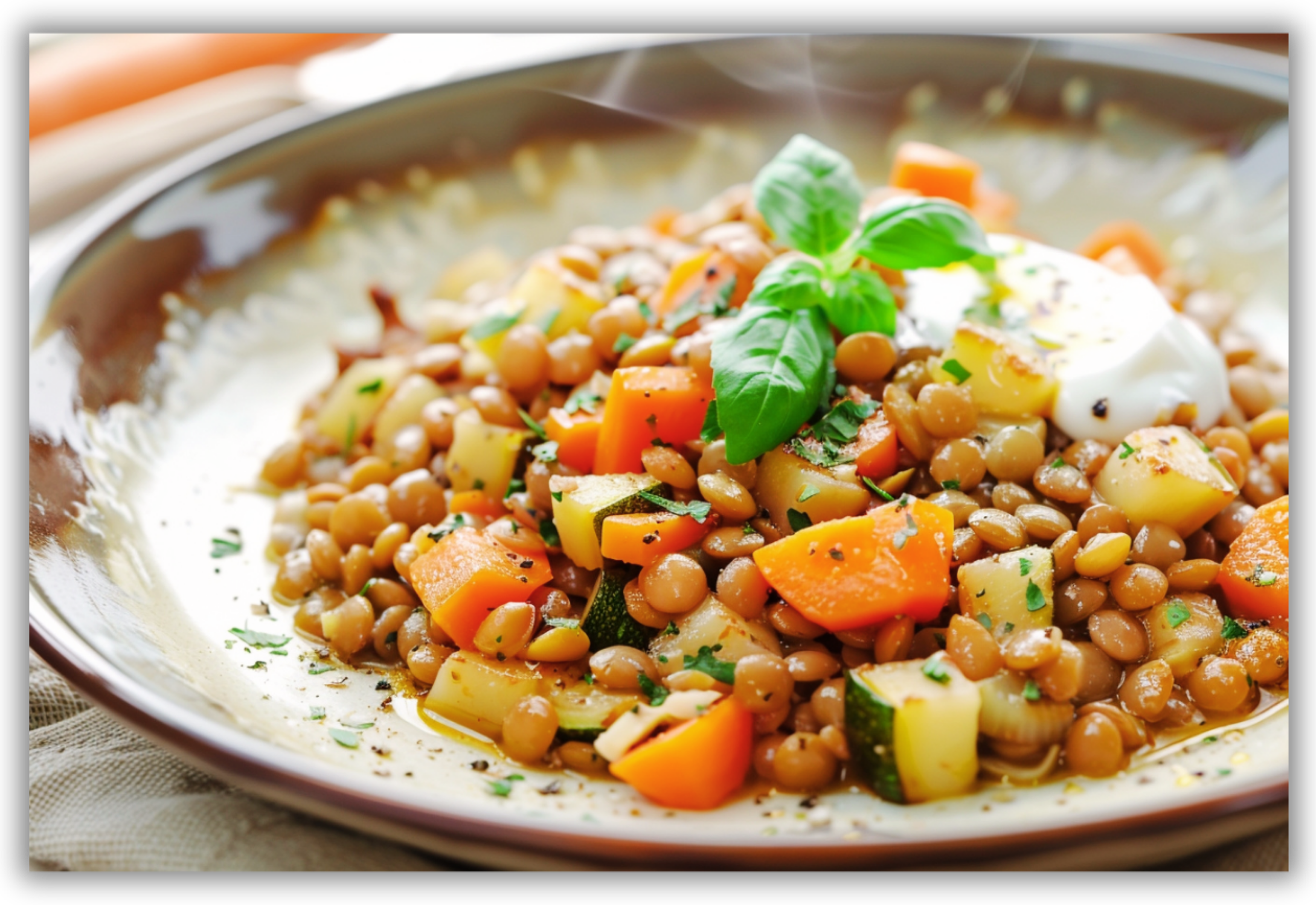 Lenticchie calde con verdure morbide, yogurt bianco e olio extravergine d’oliva.