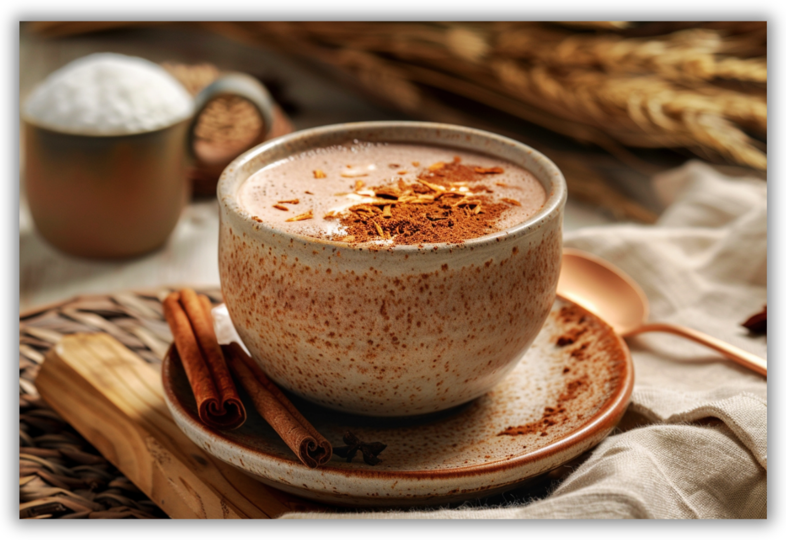 Due tazze di cioccolata calda preparata con cacao amaro, cannella e latte di mandorla.