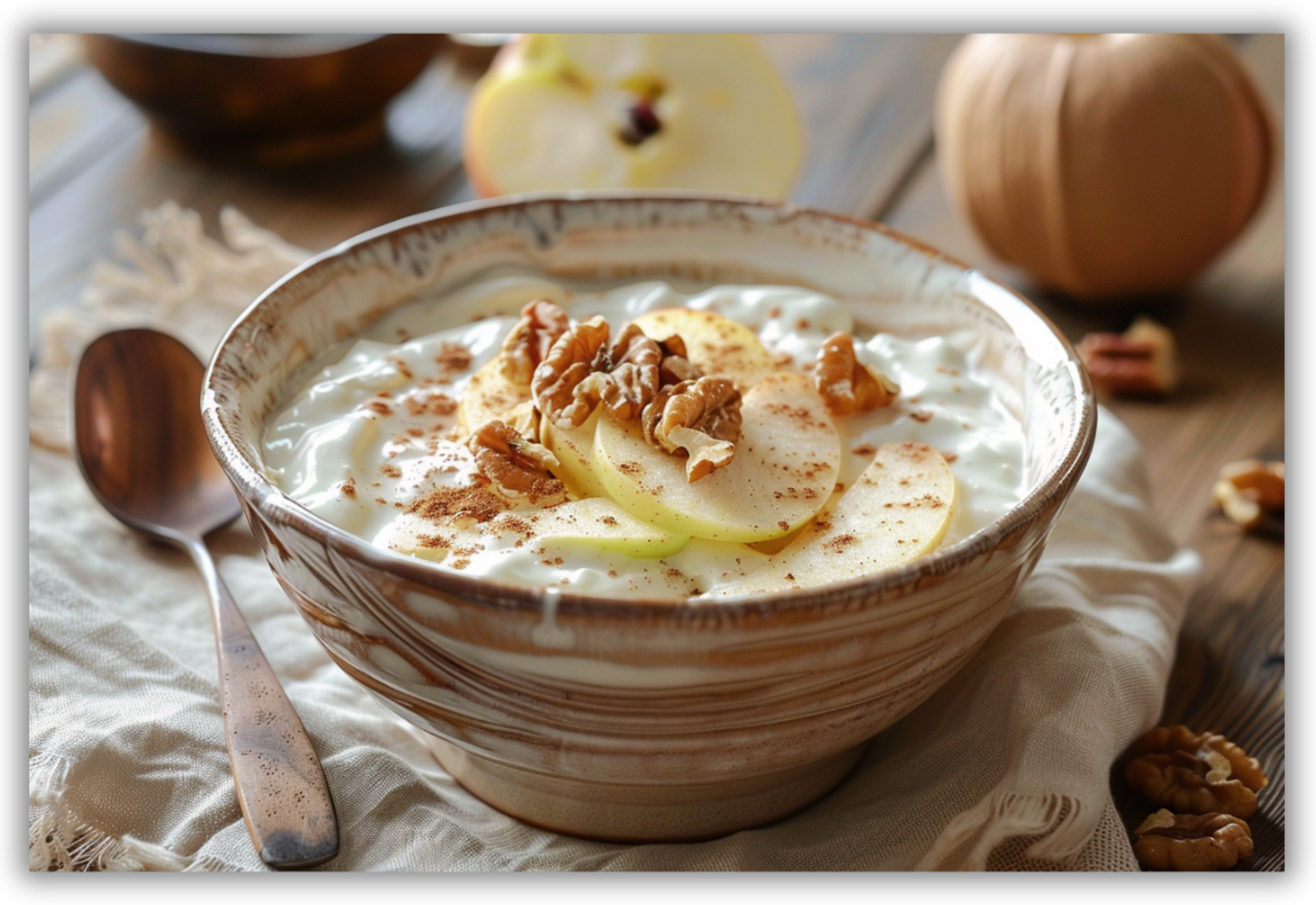 Ciotola di yogurt bianco con mela fresca, noci tritate e un pizzico di cannella.