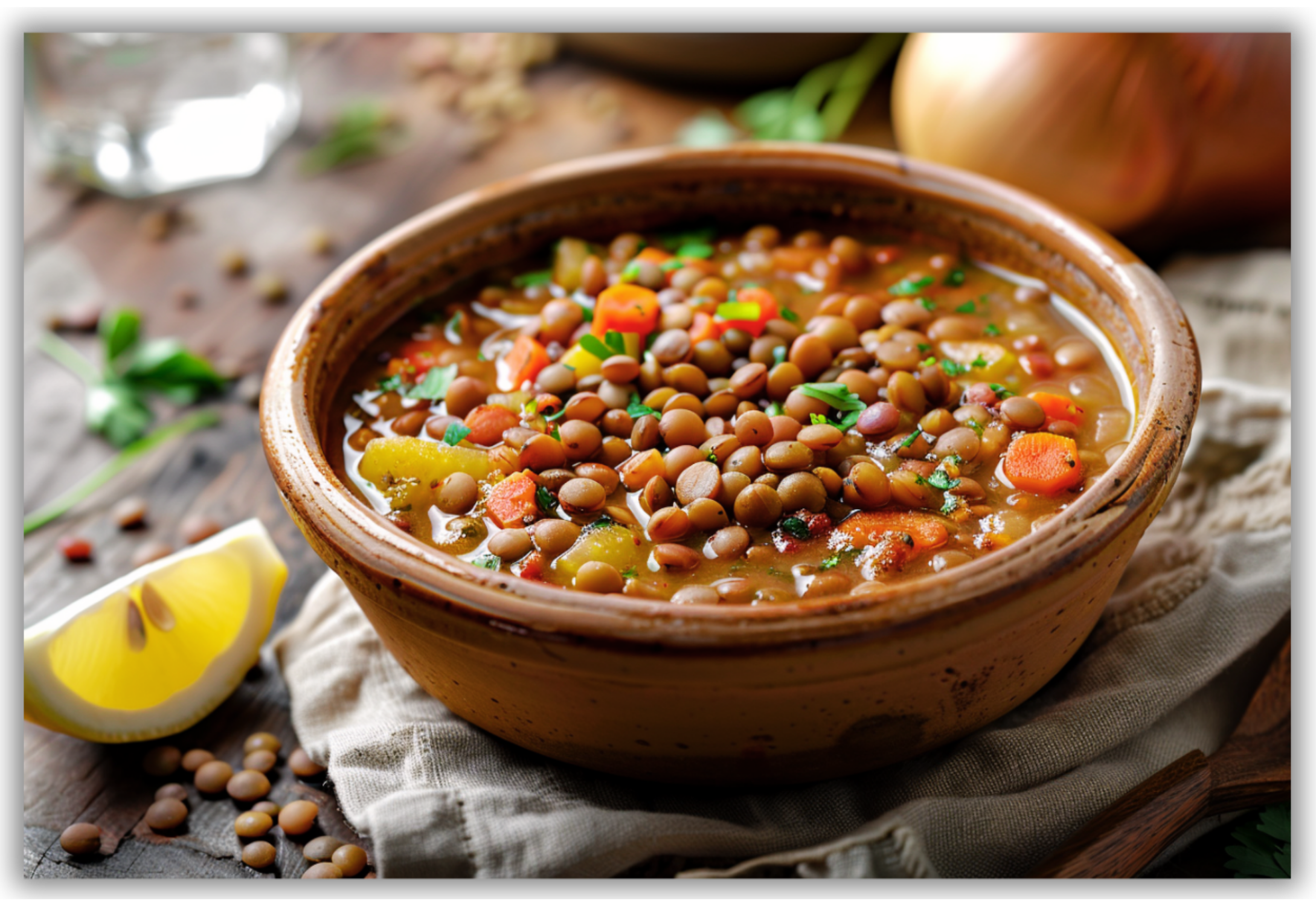 Zuppa di lenticchie all’olio di oliva con limone ed erbe aromatiche servita in una ciotola di coccio.