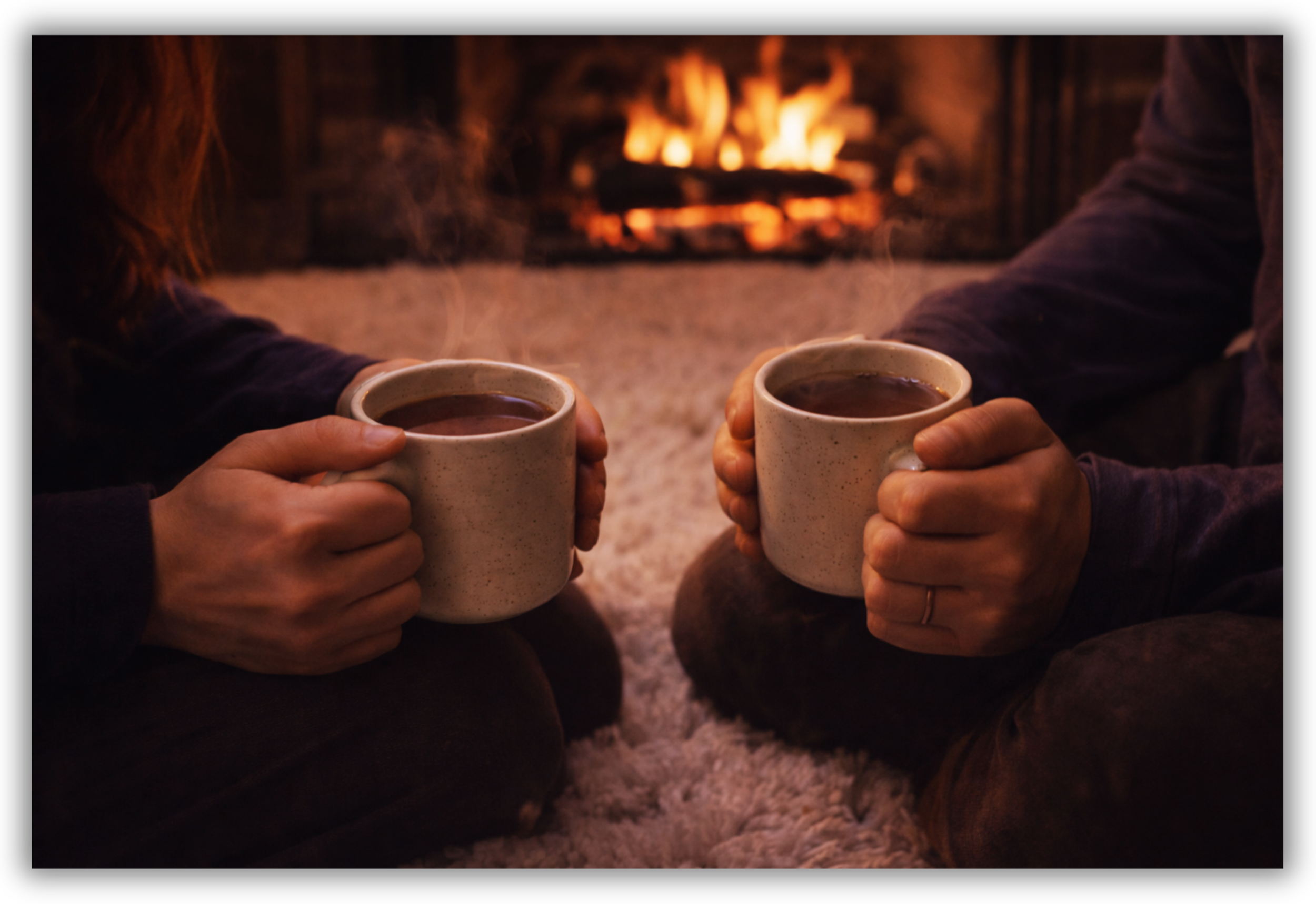 Due tazze di cioccolata calda al cacao posate vicine e tenute tra le mani in un ambiente serale intimo e silenzioso.