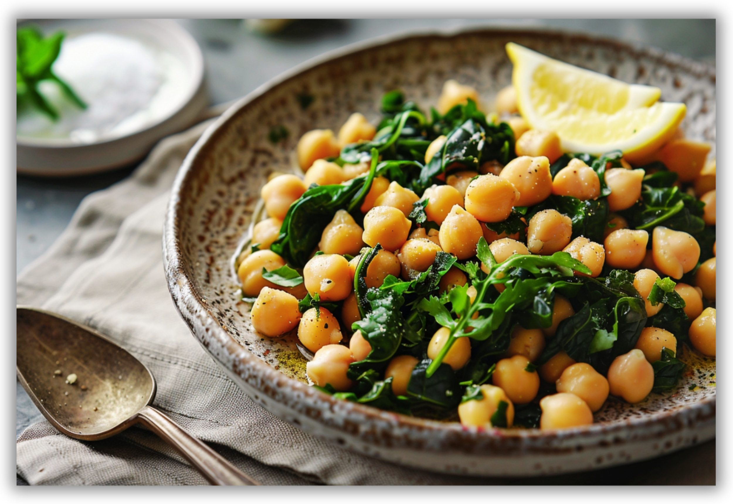 Ceci caldi con verdure a foglia, salsa tahini, aglio, limone e olio extravergine d’oliva.