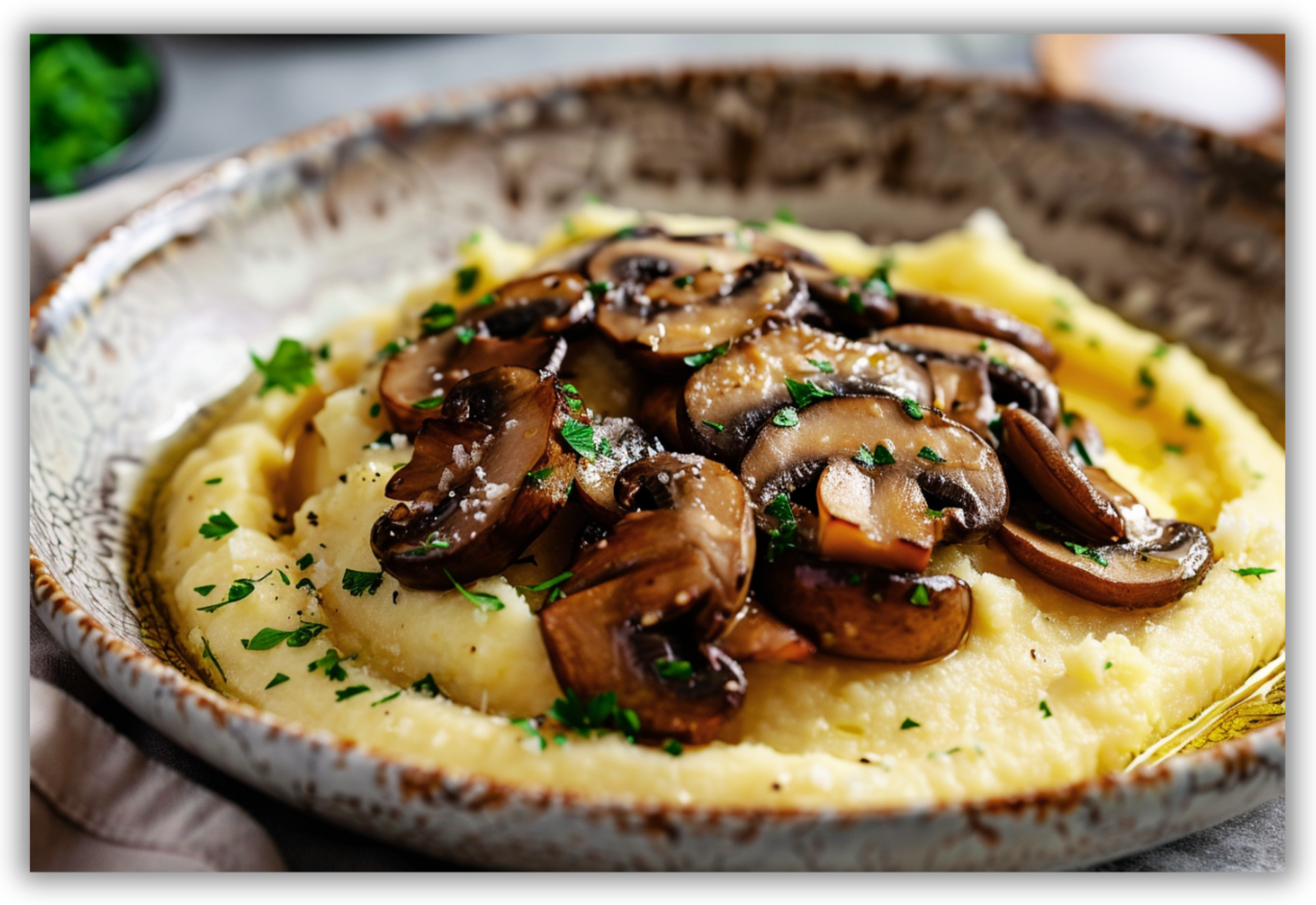 Polenta cremosa con funghi dorati, erbe aromatiche e olio extravergine d’oliva.
