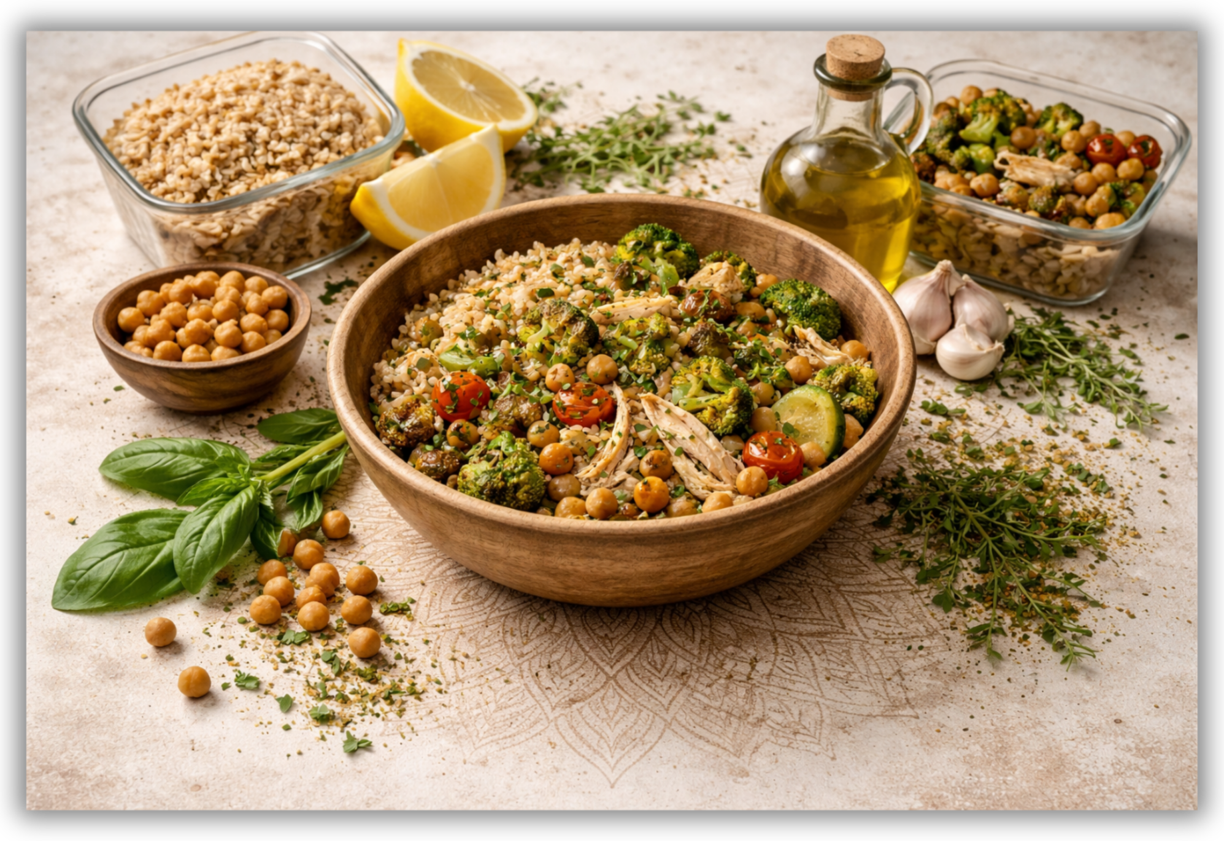 Bowl caldo preparato con cereali, legumi o proteine avanzate, verdure disponibili ed olio extravergine d’oliva.