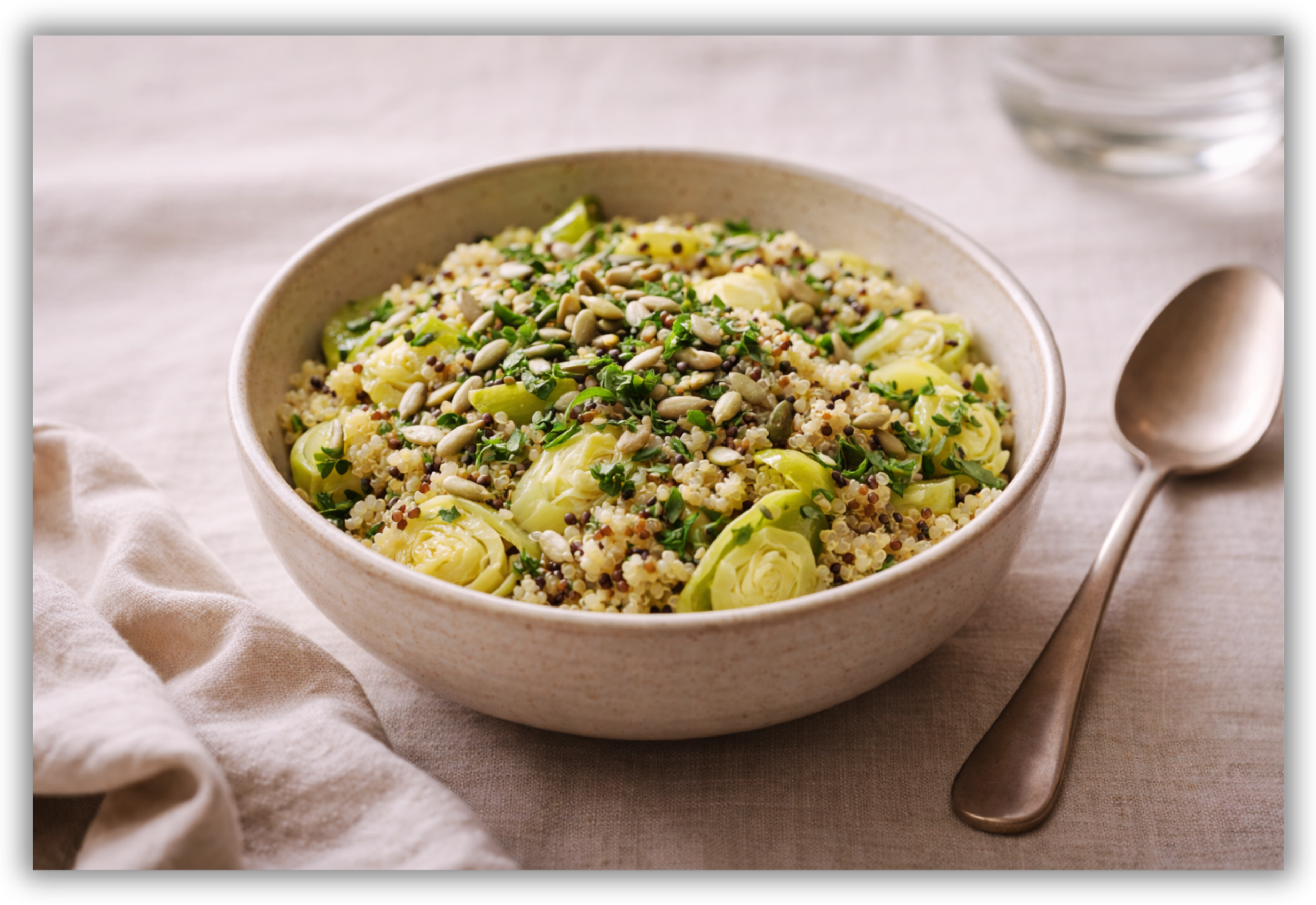 Bowl di quinoa calda con verdure miste, semi, erbe fresche e olio extravergine d’oliva.