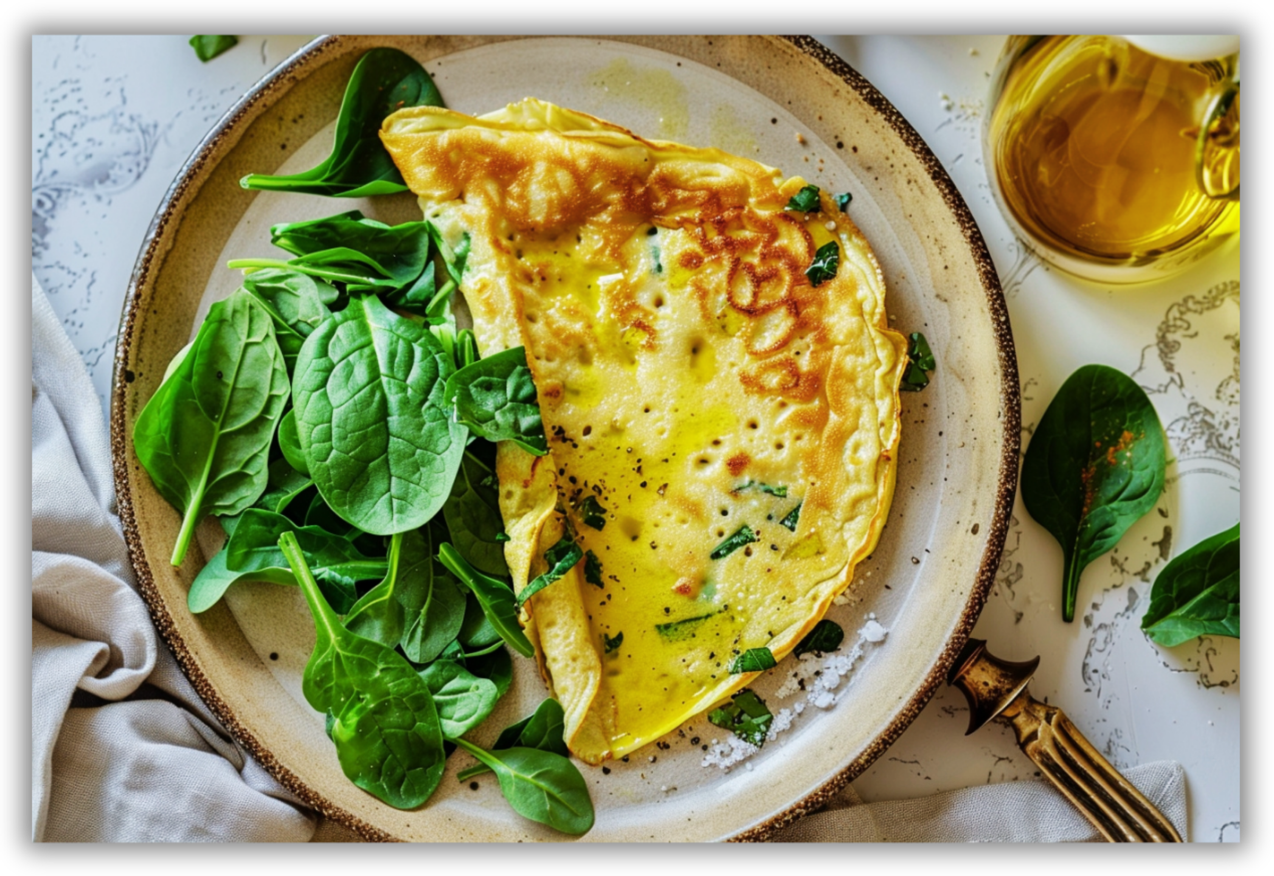 Pancake salato di farina di ceci servito caldo con verdure a foglia e olio extravergine d’oliva.