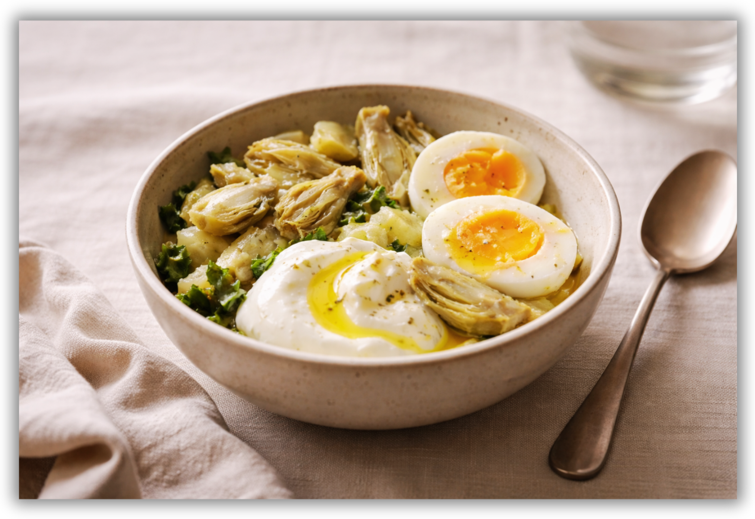 Bowl caldo con uova morbide, verdure cotte, yogurt bianco e olio extravergine d’oliva.