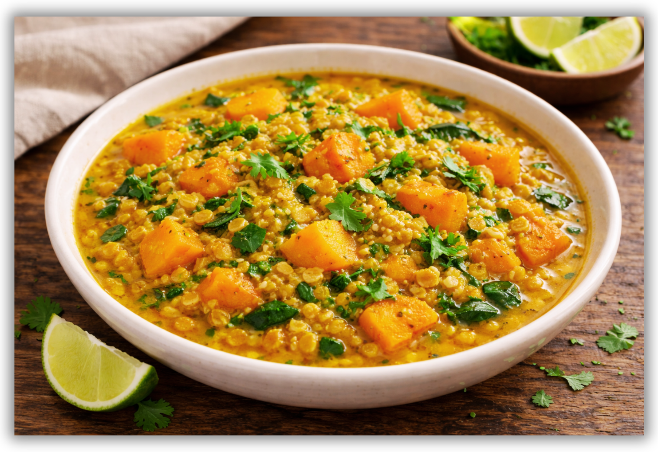 Stufato cremoso di lenticchie rosse e patata dolce con curcuma, cumino, coriandolo fresco e lime.