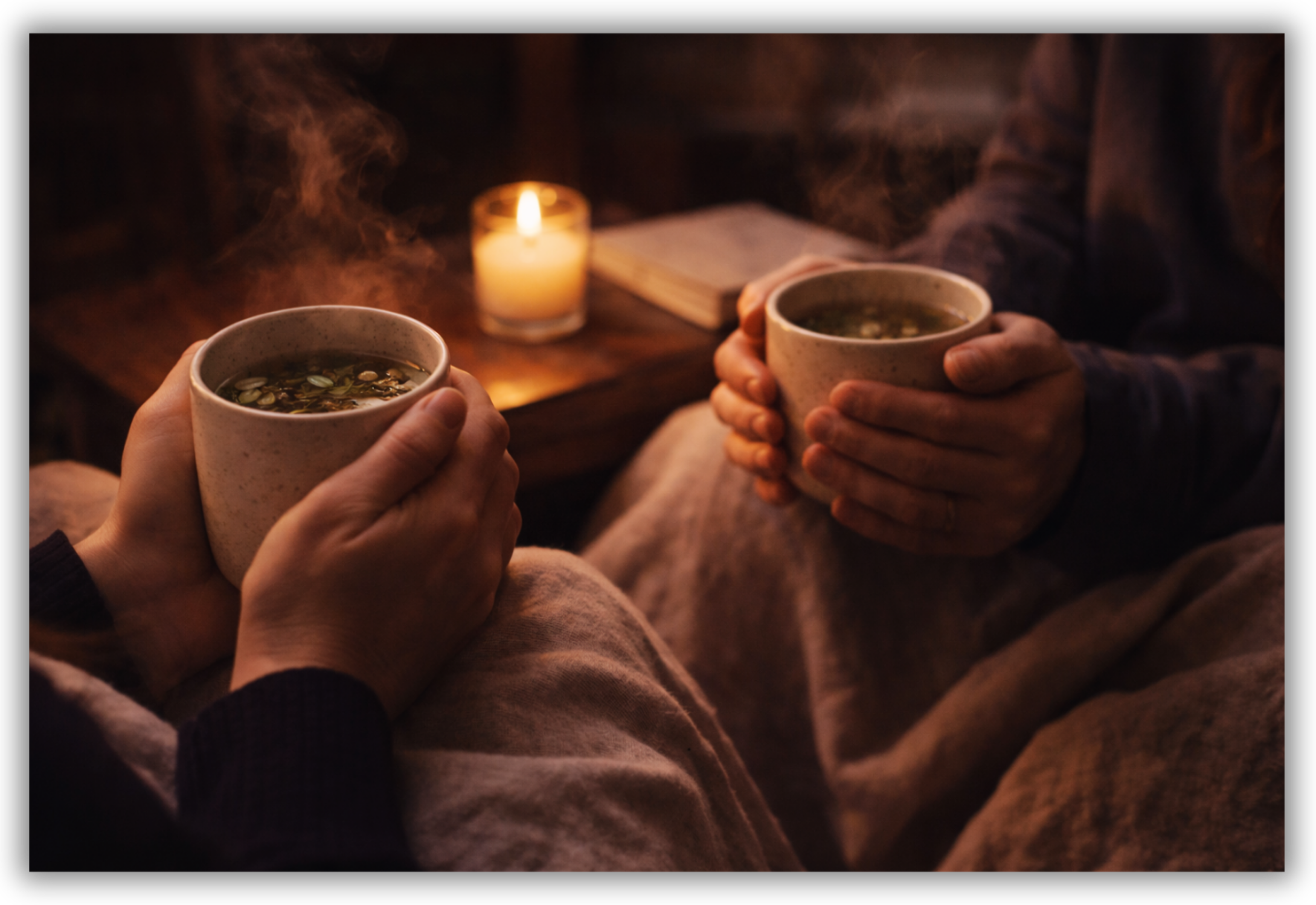 Tazza di tisana calda alle erbe tenuta tra due mani in un ambiente serale tranquillo.