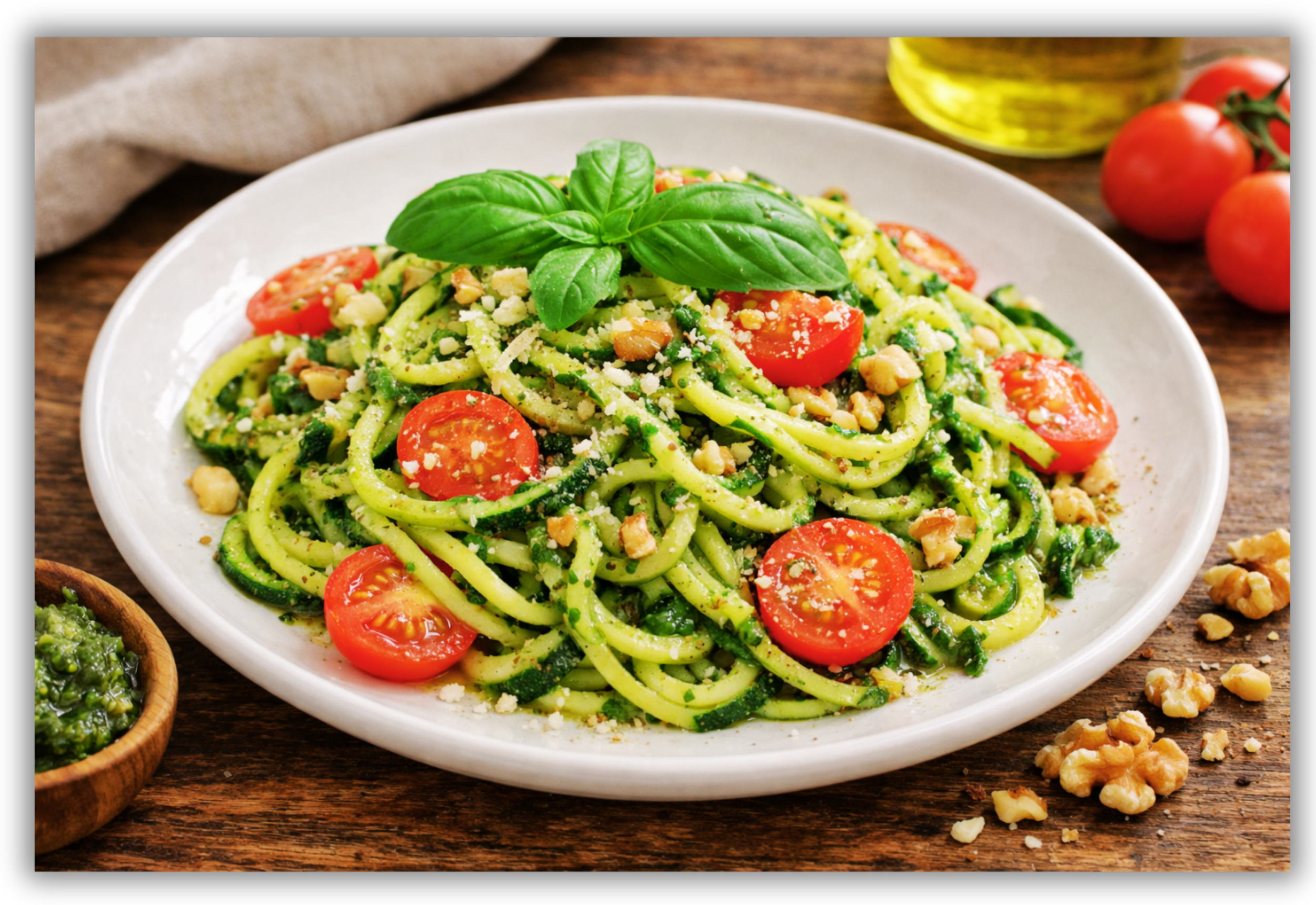 Spaghetti di zucchine con pesto di basilico e noci, pomodorini e olio extravergine d’oliva.
