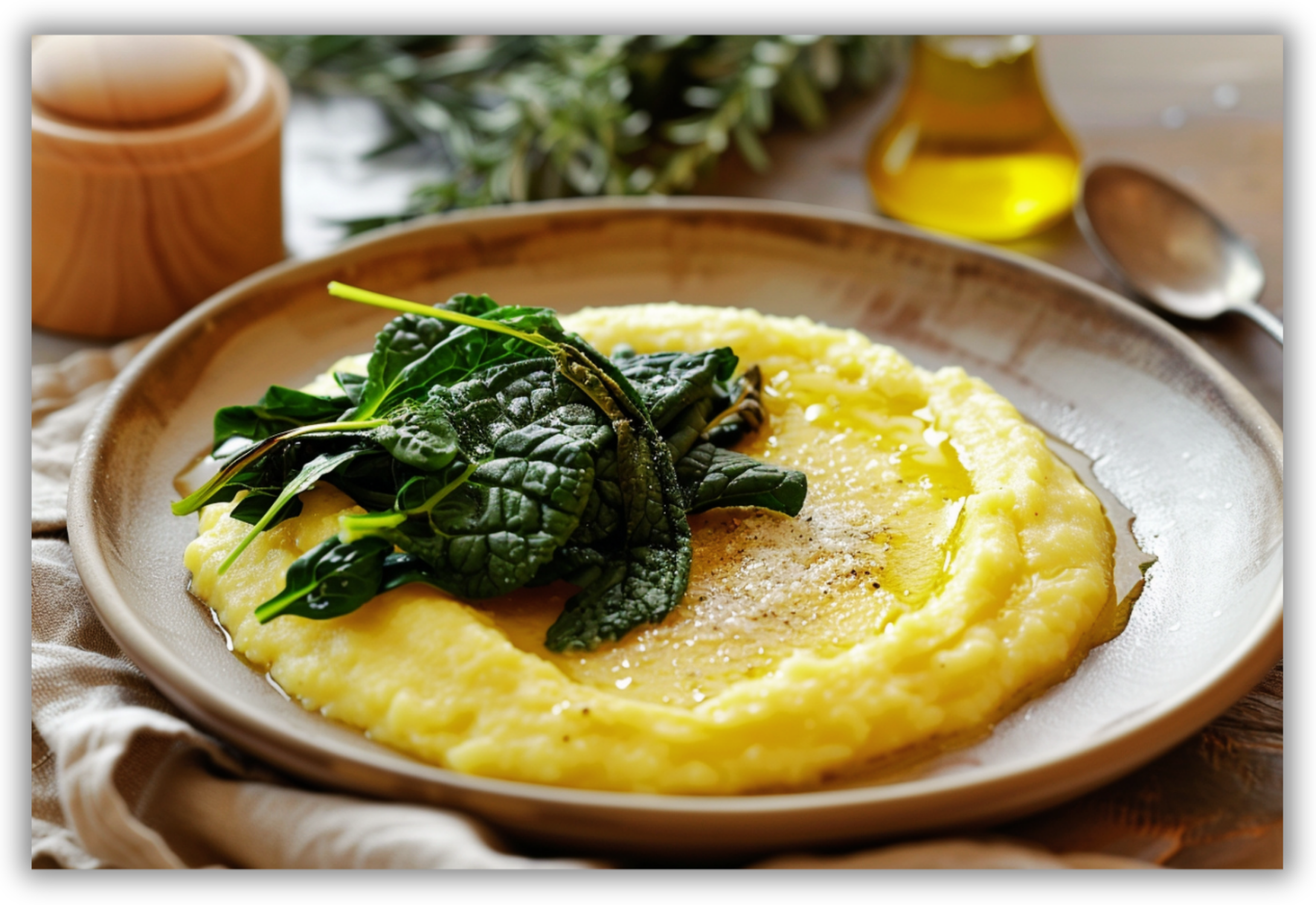 Polenta morbida con verdure a foglia e un filo di olio extravergine d’oliva servita in una ciotola.