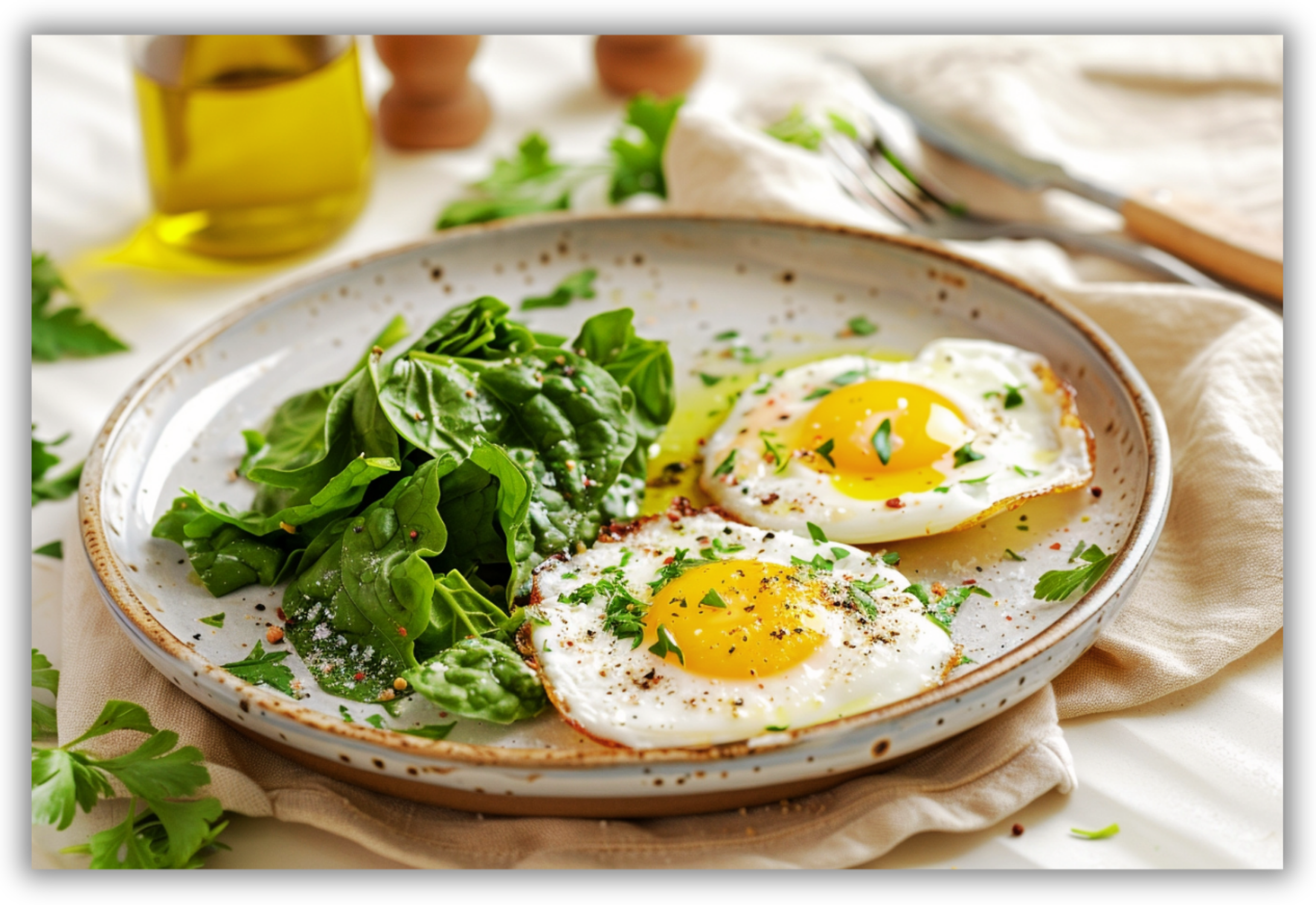Uova morbide con spinaci e altre verdure a foglia, condite con olio extravergine d’oliva.