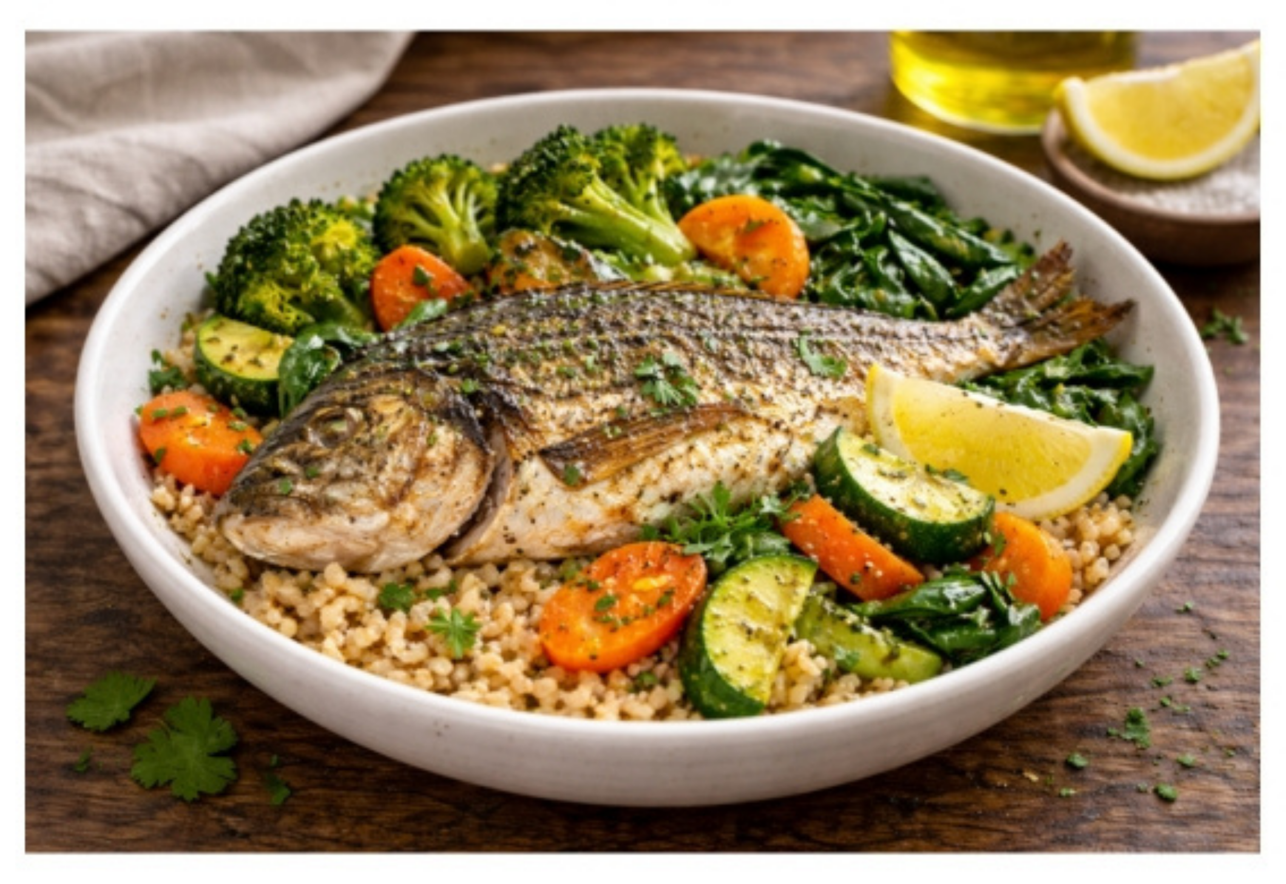 Bowl caldo con pesce in pezzi, verdure cotte, limone ed olio extravergine d’oliva.