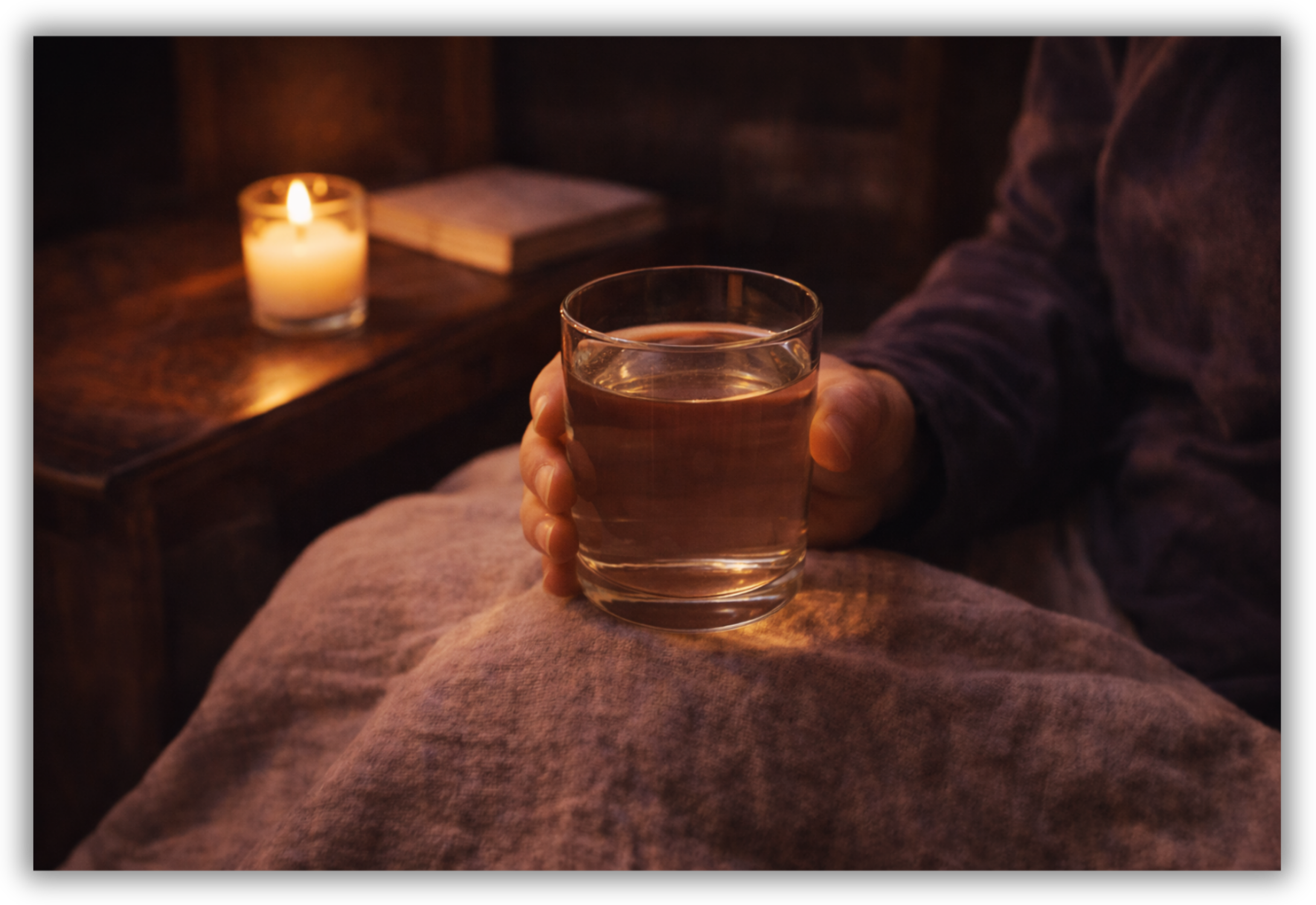 Bicchiere d’acqua calda tenuto tra due mani in un ambiente serale tranquillo e poco illuminato.