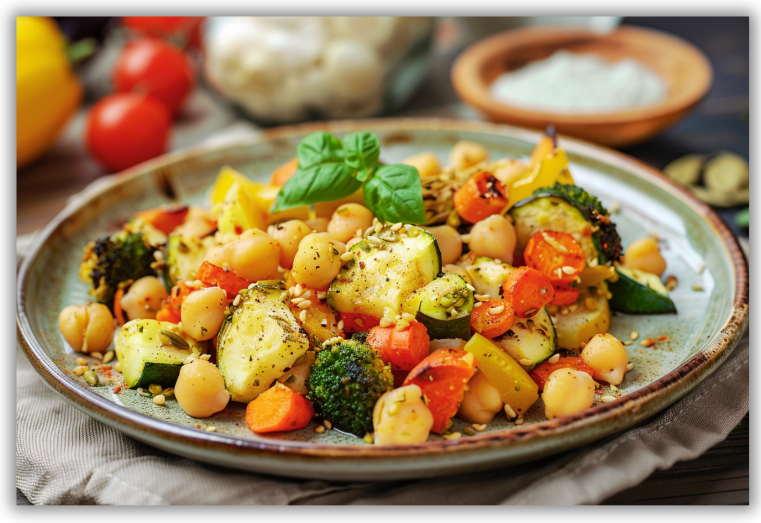Verdure arrosto con ceci caldi e salsa tahini servite in un piatto con erbe fresche.