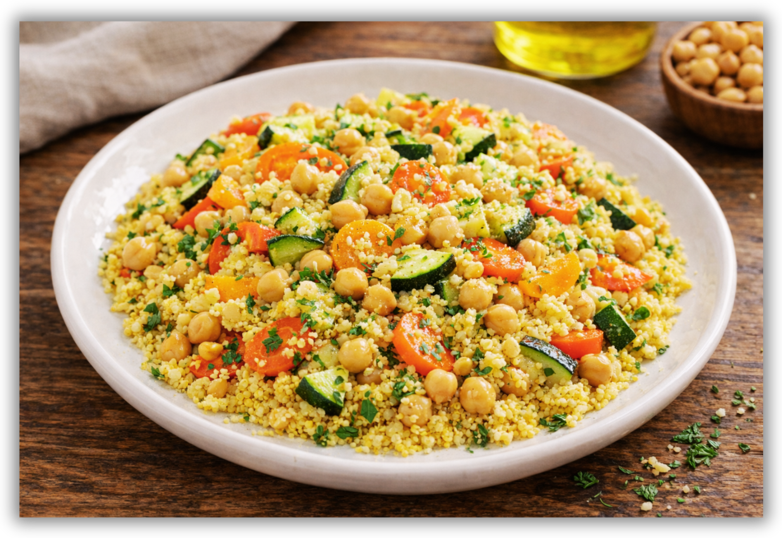 Couscous integrale caldo con ceci, verdure miste, erbe aromatiche e olio extravergine d’oliva.