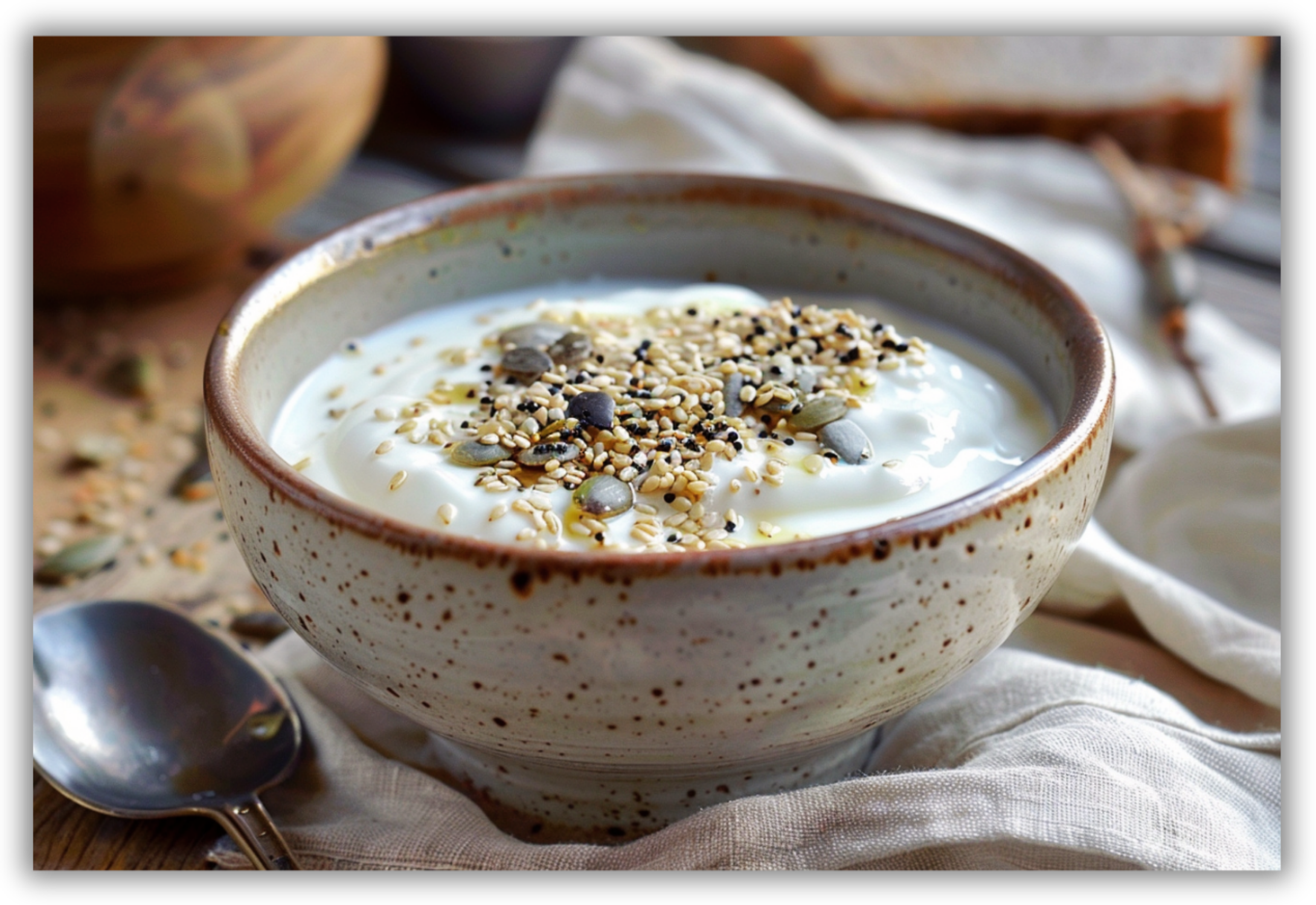 Ciotola di yogurt tiepido con tahini, semi misti e un leggero tocco di cannella.