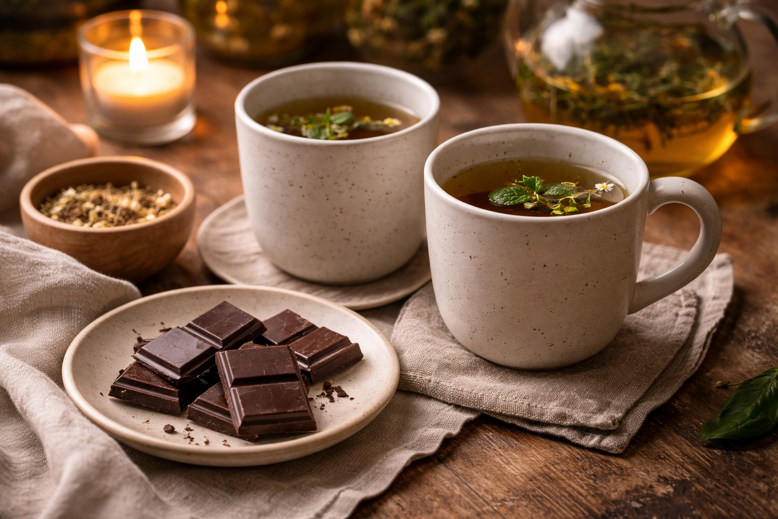Due tazze di tisana calda accompagnate da piccoli pezzi di cioccolato fondente.