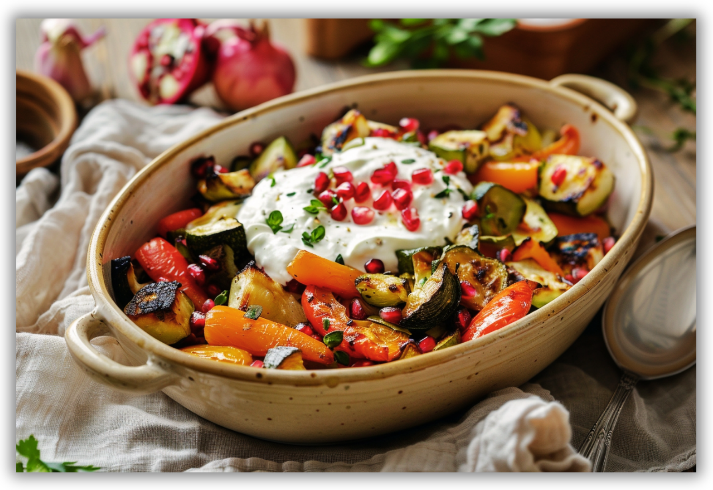 Verdure arrosto con yogurt bianco e chicchi di melagrana servite in un piatto da condividere.