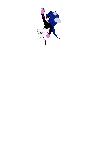 An animated character with blue hair, a black and white body, and purple accents, appears to be falling or floating against a dark background.